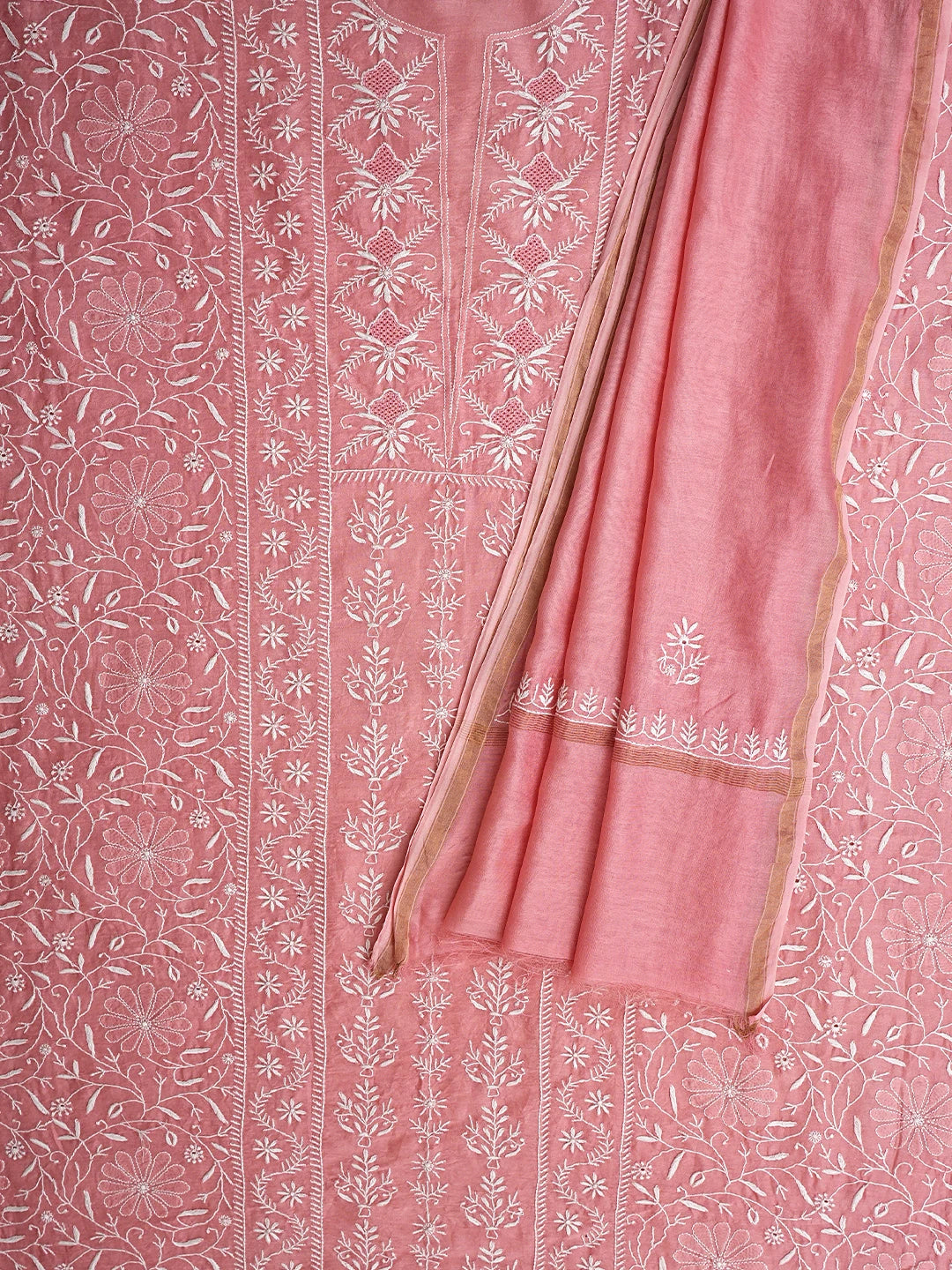 Ada Hand Embroidered Dusty Peach Chanderi Lucknowi Chikankari Unstitched Kurta Dupatta Set 01A936202