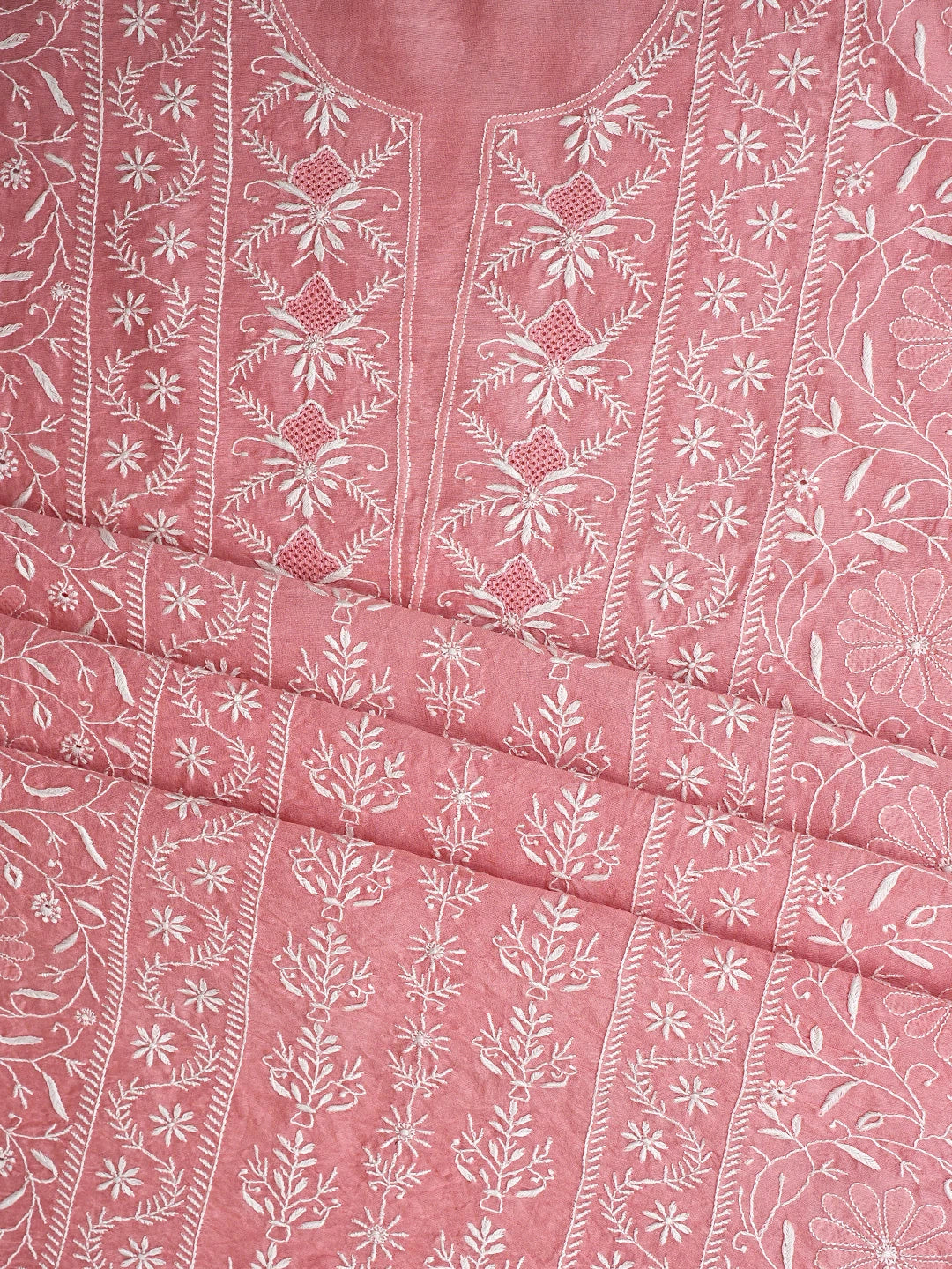 Ada Hand Embroidered Dusty Peach Chanderi Lucknowi Chikankari Unstitched Kurta Dupatta Set 01A936202