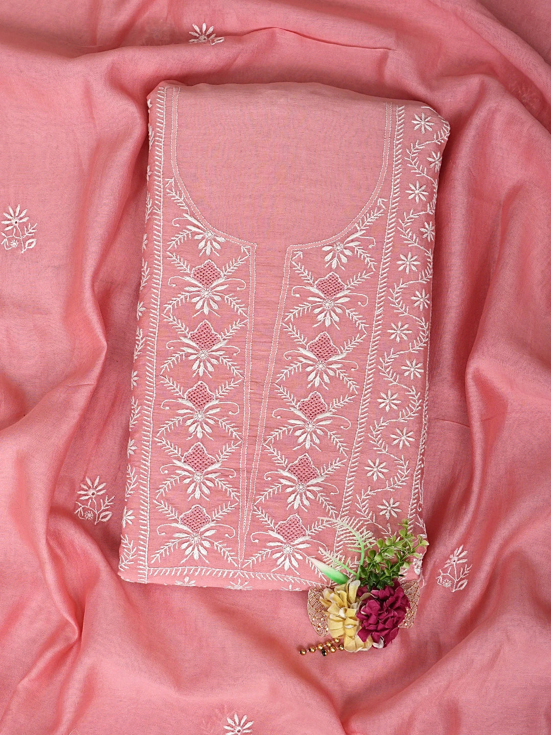 Ada Hand Embroidered Dusty Peach Chanderi Lucknowi Chikankari Unstitched Kurta Dupatta Set 01A936202