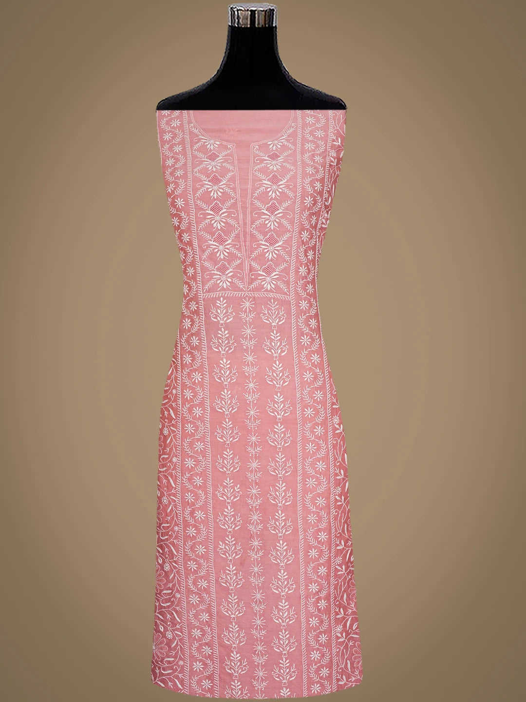 Ada Hand Embroidered Dusty Peach Chanderi Lucknowi Chikankari Unstitched Kurta Dupatta Set 01A936202