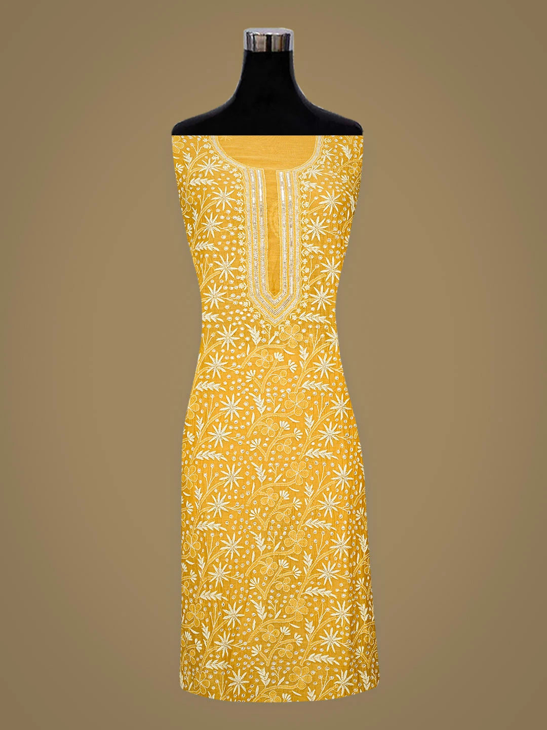 Ada Hand Embroidered Mustard Chanderi Lucknowi Chikankari Semi-Stitched Kurta Dupatta Set With Cutdana Work 01A911747