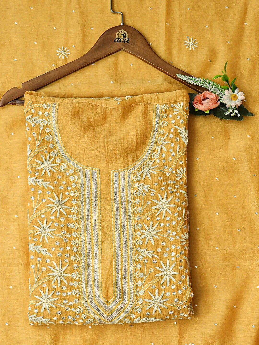 Ada Hand Embroidered Mustard Chanderi Lucknowi Chikankari Semi-Stitched Kurta Dupatta Set With Cutdana Work 01A911747