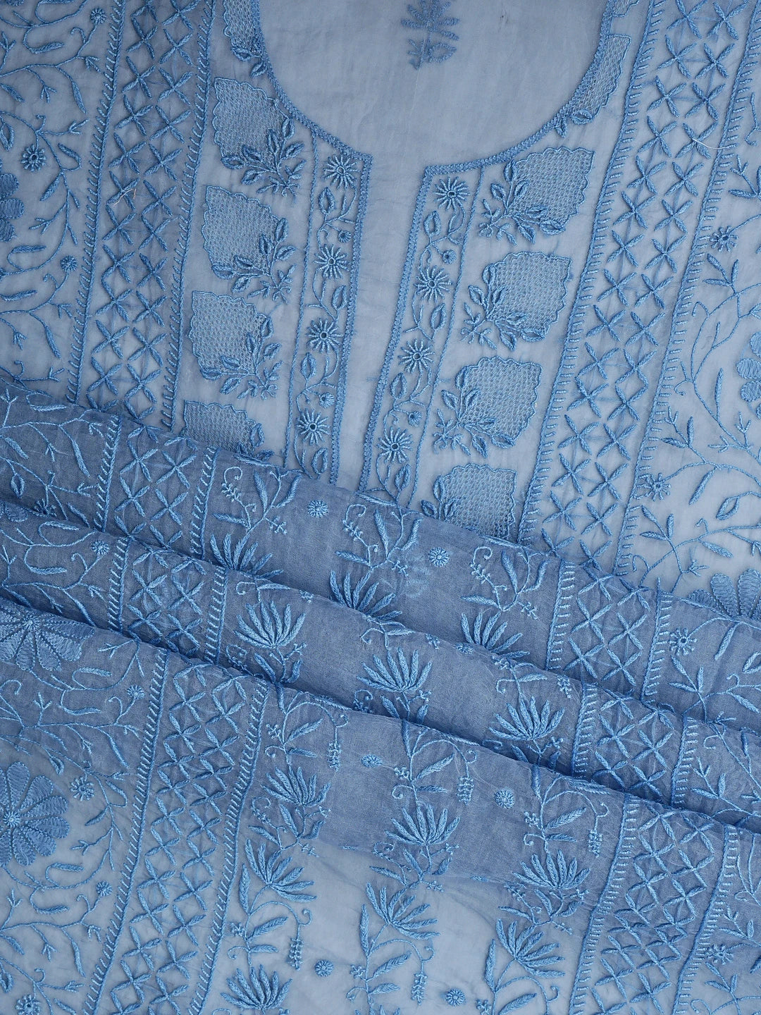 Ada Hand Embroidered Ice Blue Organza Lucknowi Chikankari Unstitched Kurta Dupatta Set 01A936294