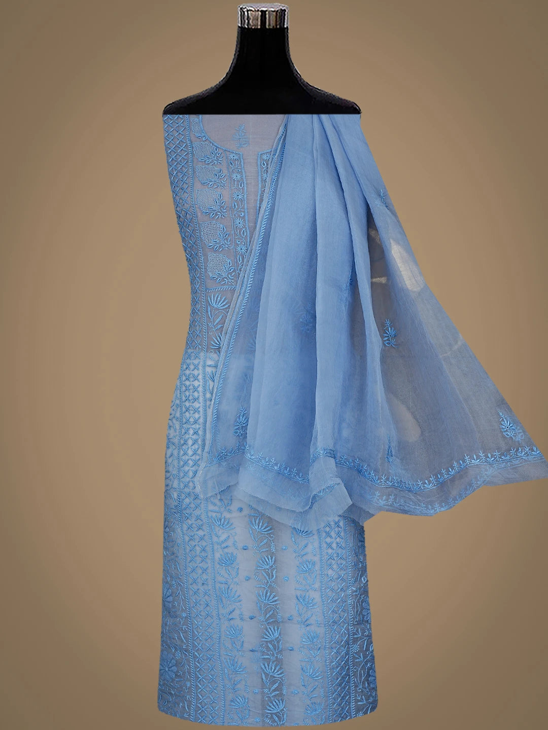 Ada Hand Embroidered Ice Blue Organza Lucknowi Chikankari Unstitched Kurta Dupatta Set 01A936294