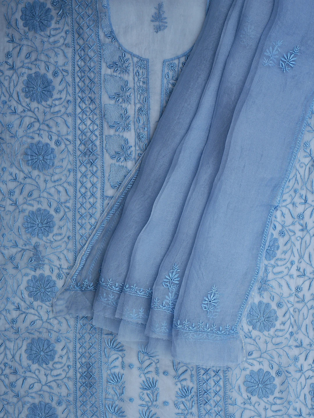 Ada Hand Embroidered Ice Blue Organza Lucknowi Chikankari Unstitched Kurta Dupatta Set 01A936294