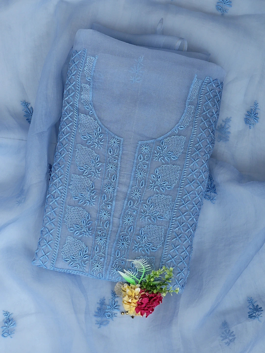 Ada Hand Embroidered Ice Blue Organza Lucknowi Chikankari Unstitched Kurta Dupatta Set 01A936294