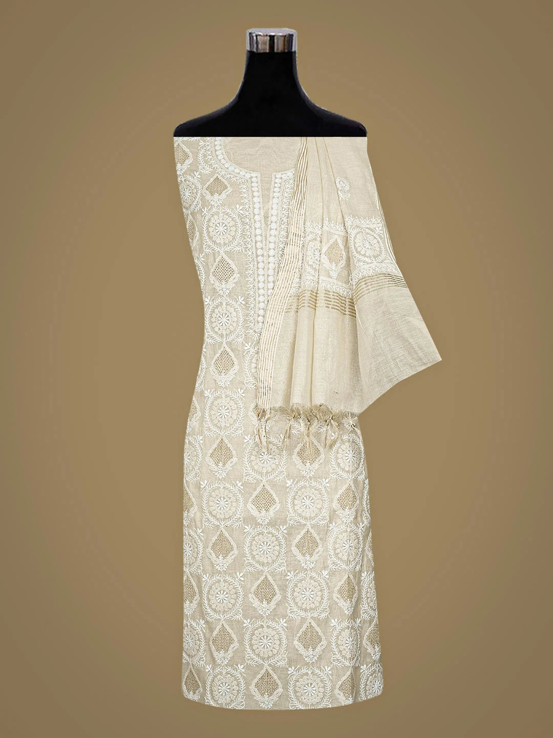 Ada Hand Embroidered Fawn Tissue Lucknowi Chikankari Semi-Stitched Kurta Dupatta Set With Zari Work 01A935238