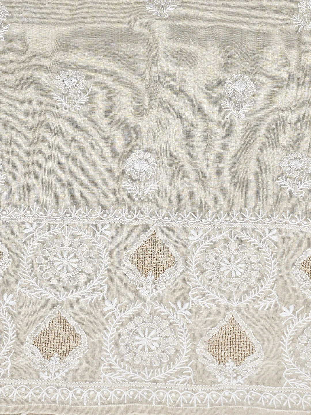 Ada Hand Embroidered Fawn Tissue Lucknowi Chikankari Semi-Stitched Kurta Dupatta Set With Zari Work 01A935238