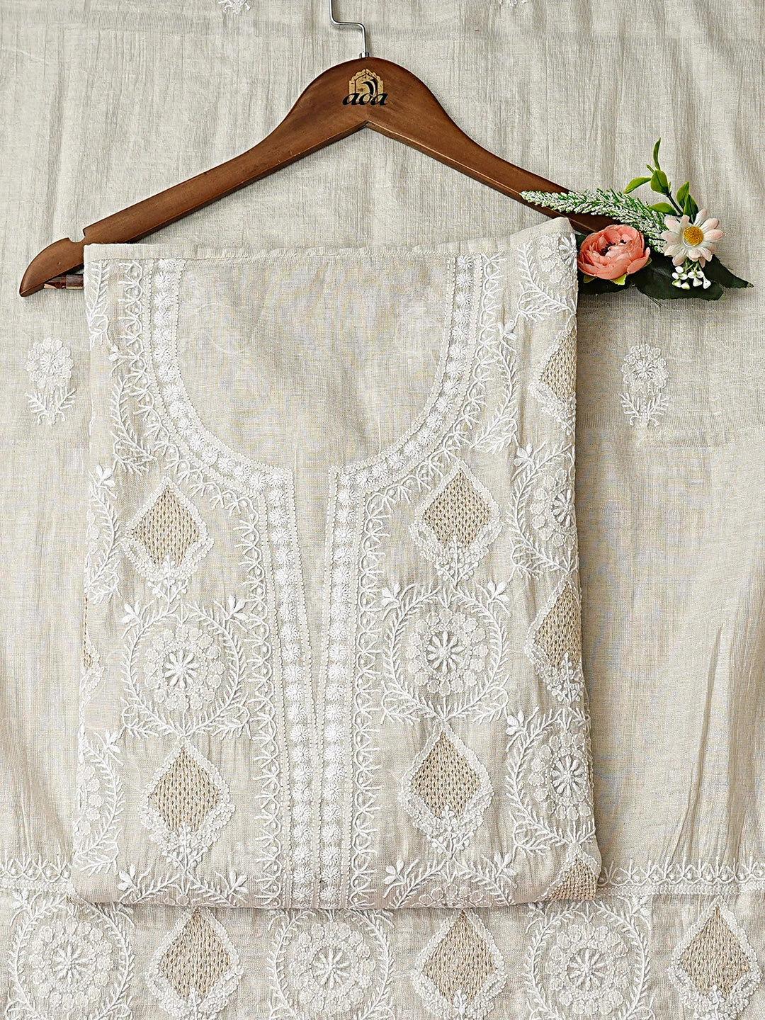 Ada Hand Embroidered Fawn Tissue Lucknowi Chikankari Semi-Stitched Kurta Dupatta Set With Zari Work 01A935238