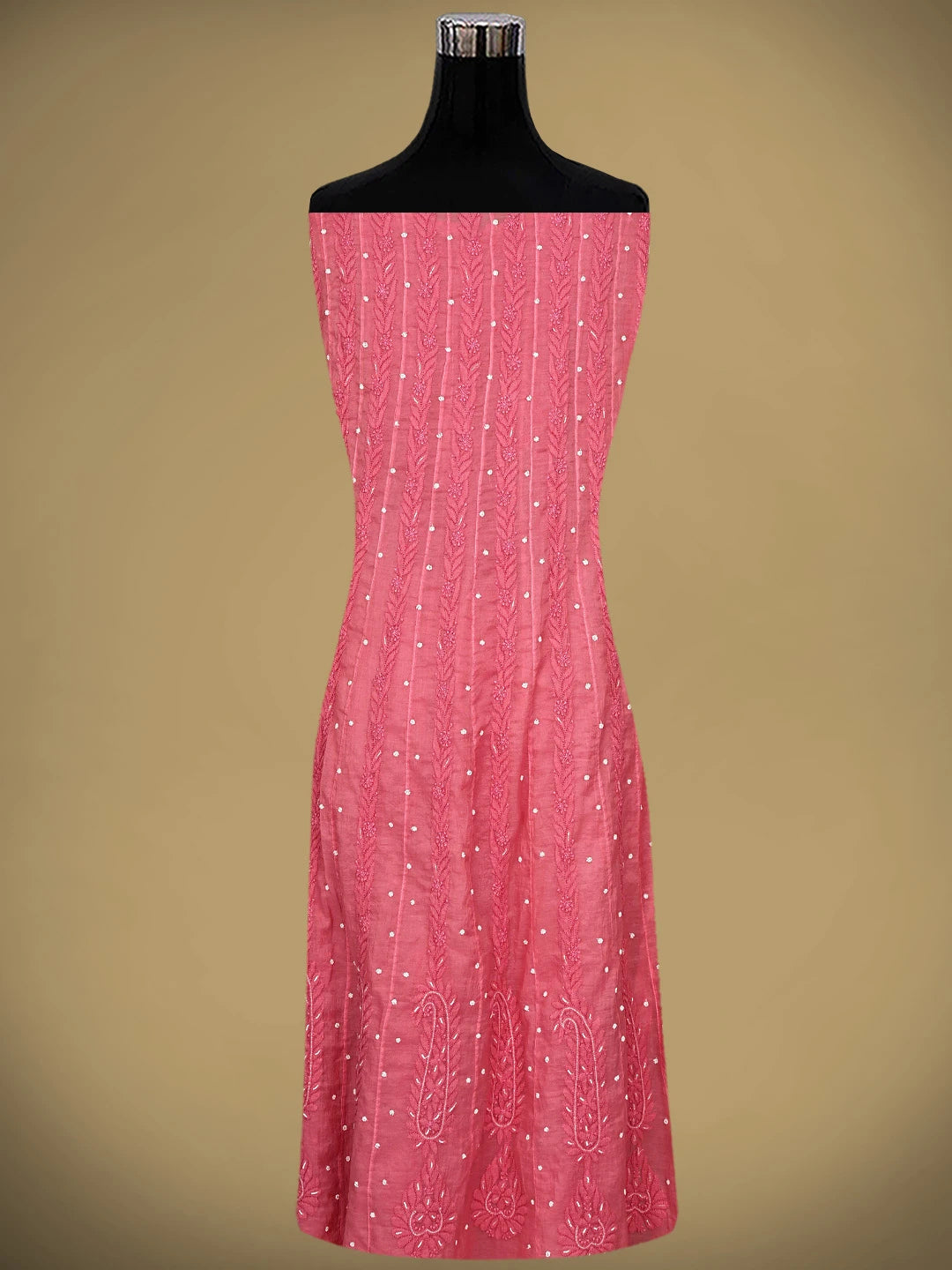 Ada Hand Embroidered Coral Pink Chanderi Lucknowi Chikankari Semi-Stitched Anarkali Kurta Dupatta Set With Cutdana Work 01A922120