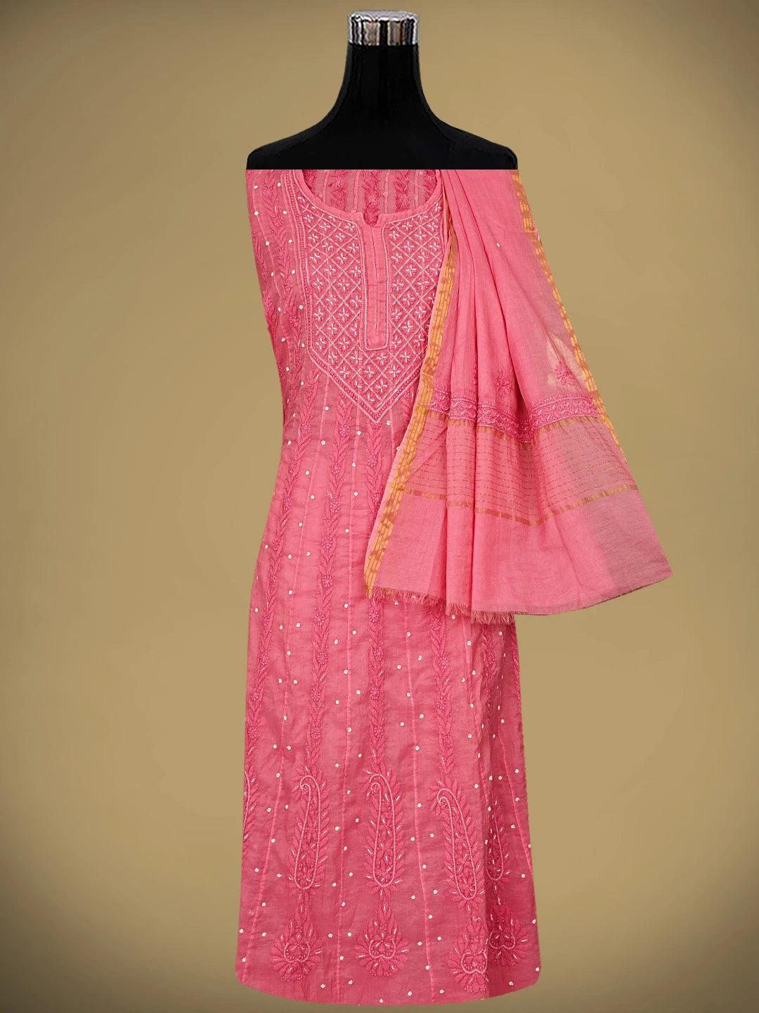 Ada Hand Embroidered Coral Pink Chanderi Lucknowi Chikankari Semi-Stitched Anarkali Kurta Dupatta Set With Cutdana Work 01A922120