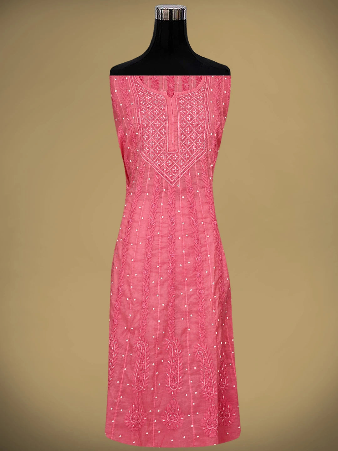 Ada Hand Embroidered Coral Pink Chanderi Lucknowi Chikankari Semi-Stitched Anarkali Kurta Dupatta Set With Cutdana Work 01A922120