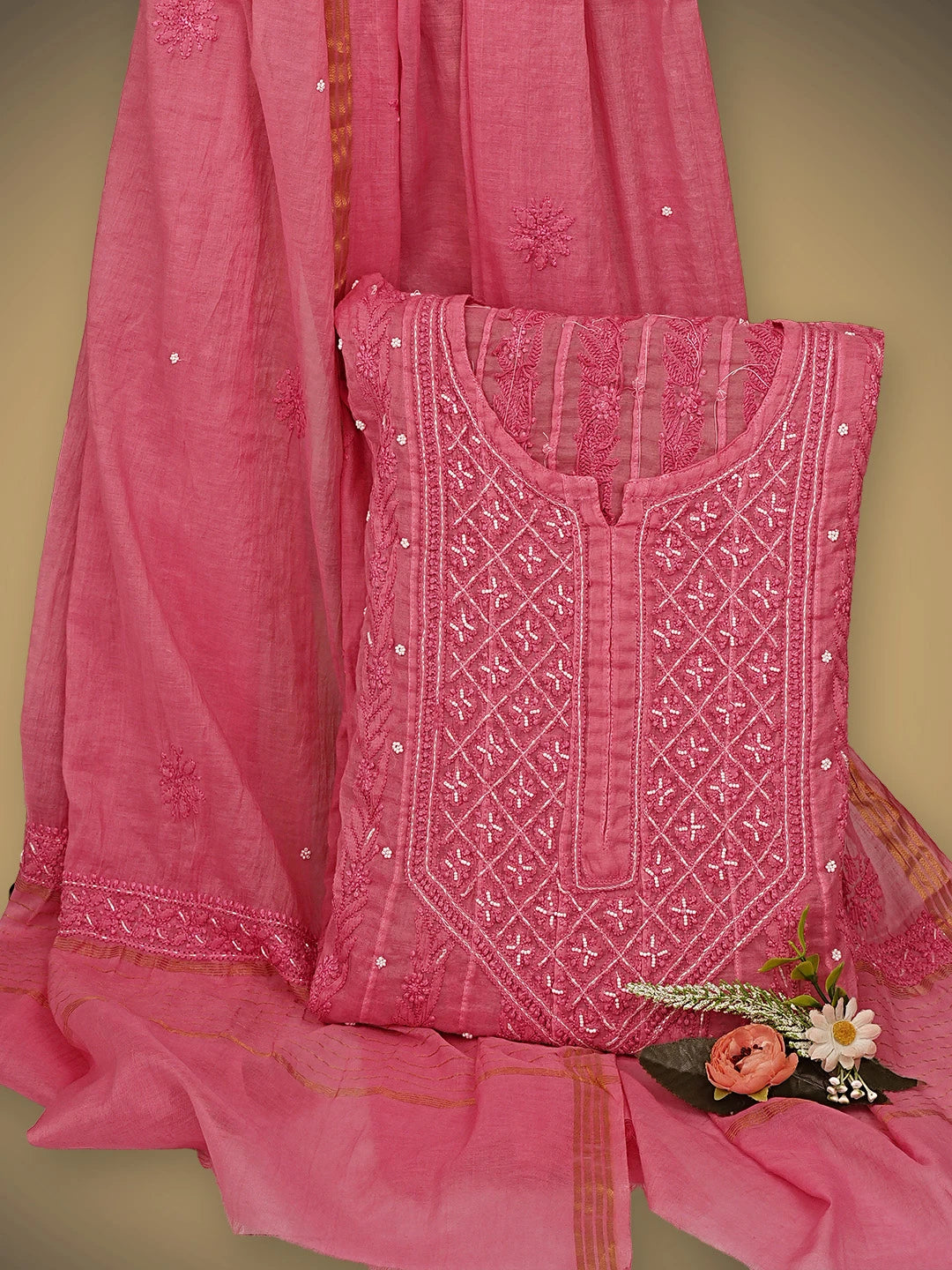 Ada Hand Embroidered Coral Pink Chanderi Lucknowi Chikankari Semi-Stitched Anarkali Kurta Dupatta Set With Cutdana Work 01A922120