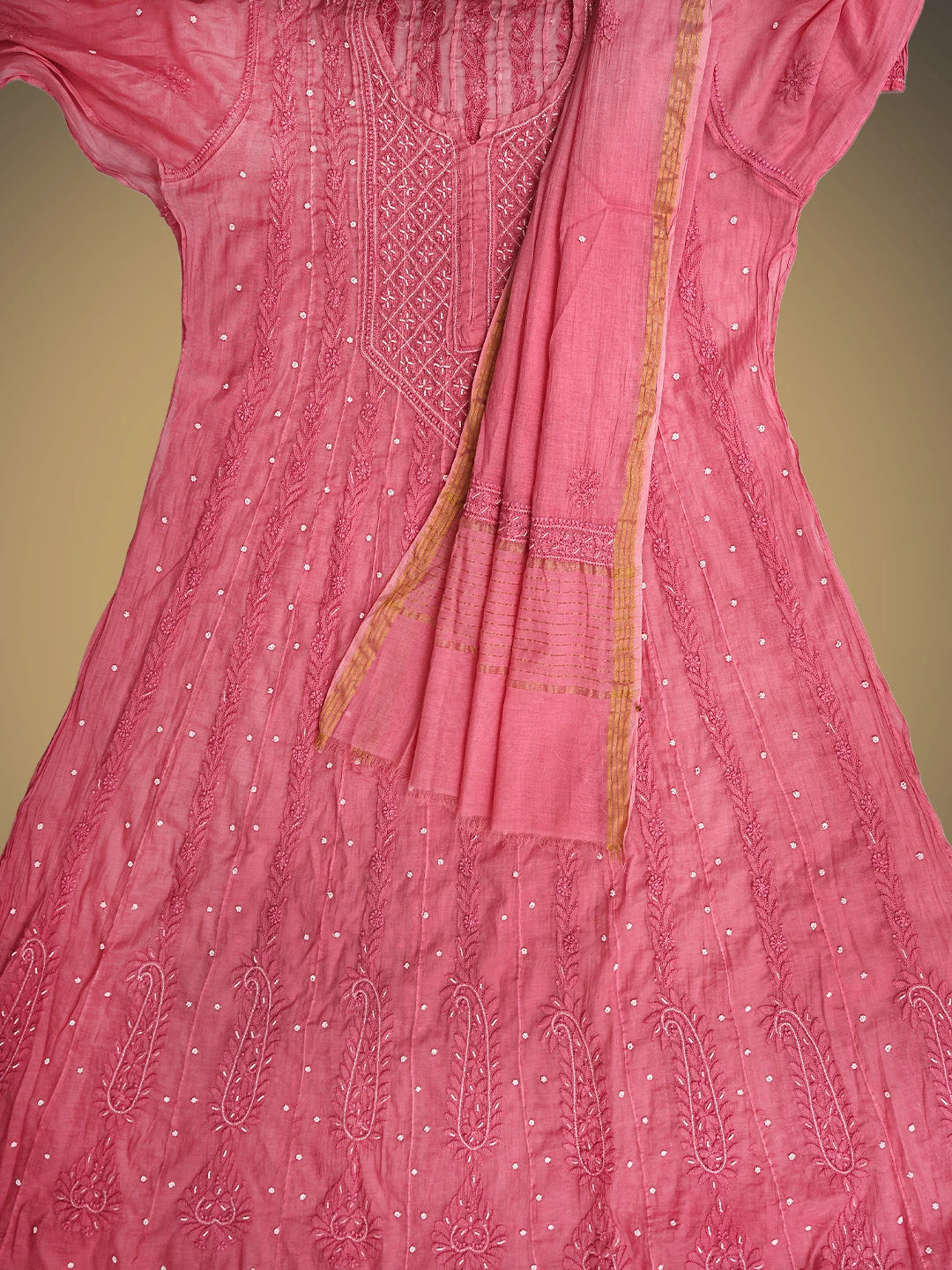 Ada Hand Embroidered Coral Pink Chanderi Lucknowi Chikankari Semi-Stitched Anarkali Kurta Dupatta Set With Cutdana Work 01A922120