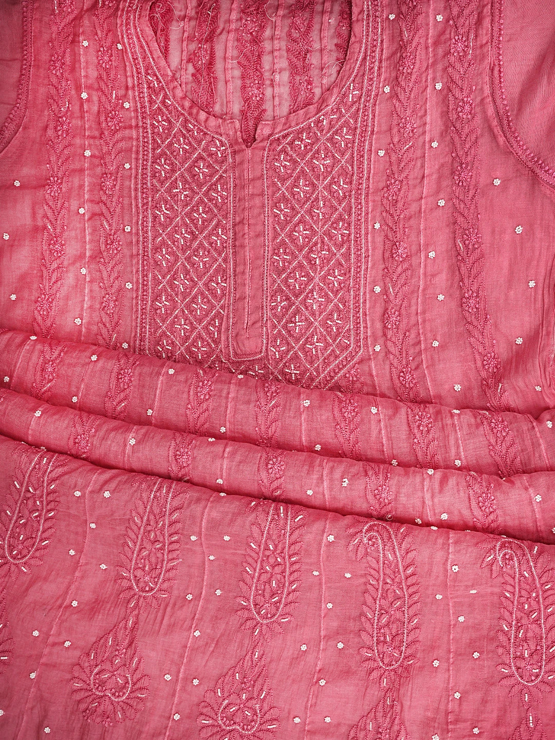 Ada Hand Embroidered Coral Pink Chanderi Lucknowi Chikankari Semi-Stitched Anarkali Kurta Dupatta Set With Cutdana Work 01A922120