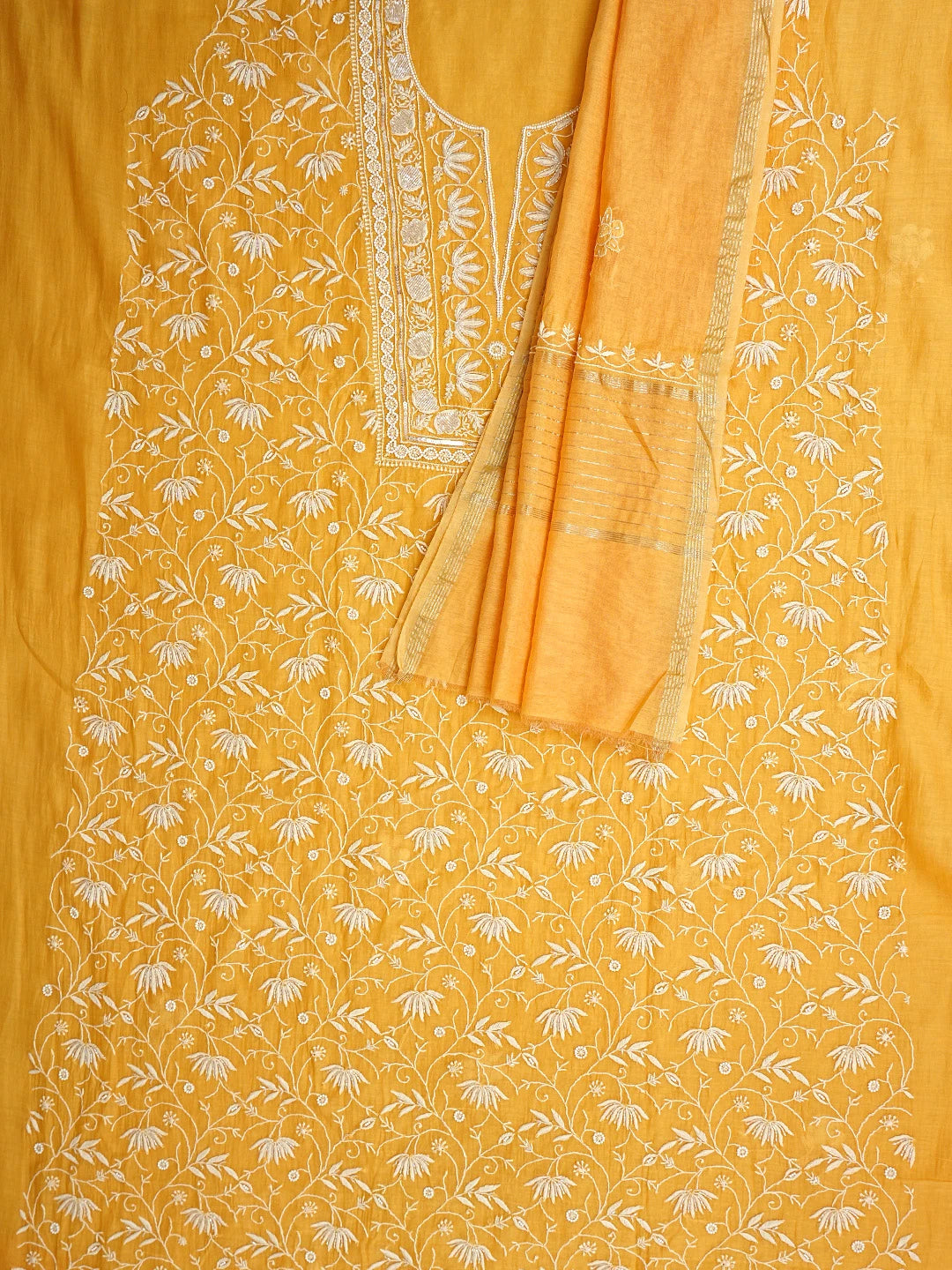 Ada Hand Embroidered Orange Chanderi Lucknowi Chikankari Unstitched Kurta Dupatta Set With Sequinned Work 01A922092