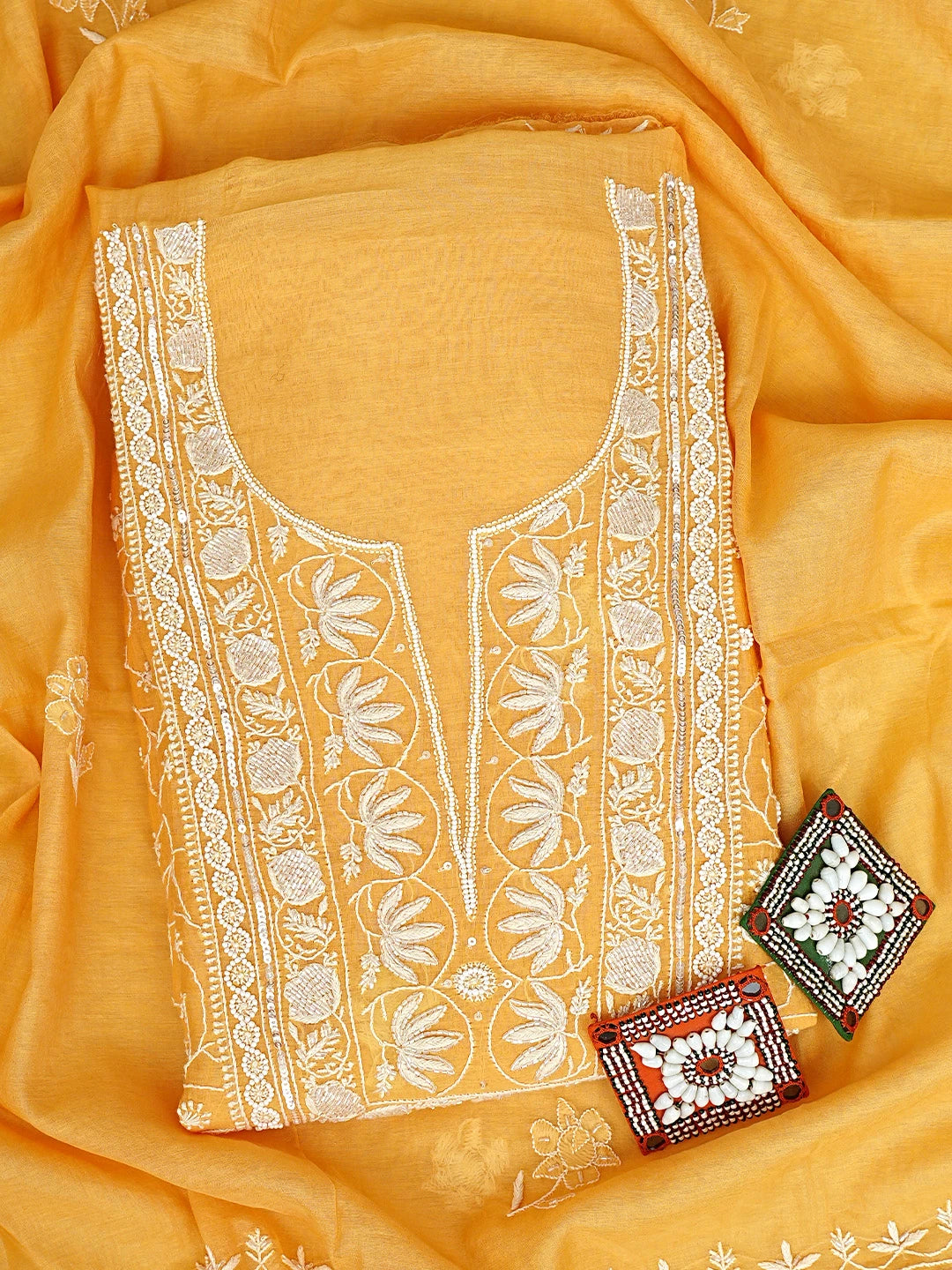 Ada Hand Embroidered Orange Chanderi Lucknowi Chikankari Unstitched Kurta Dupatta Set With Sequinned Work 01A922092