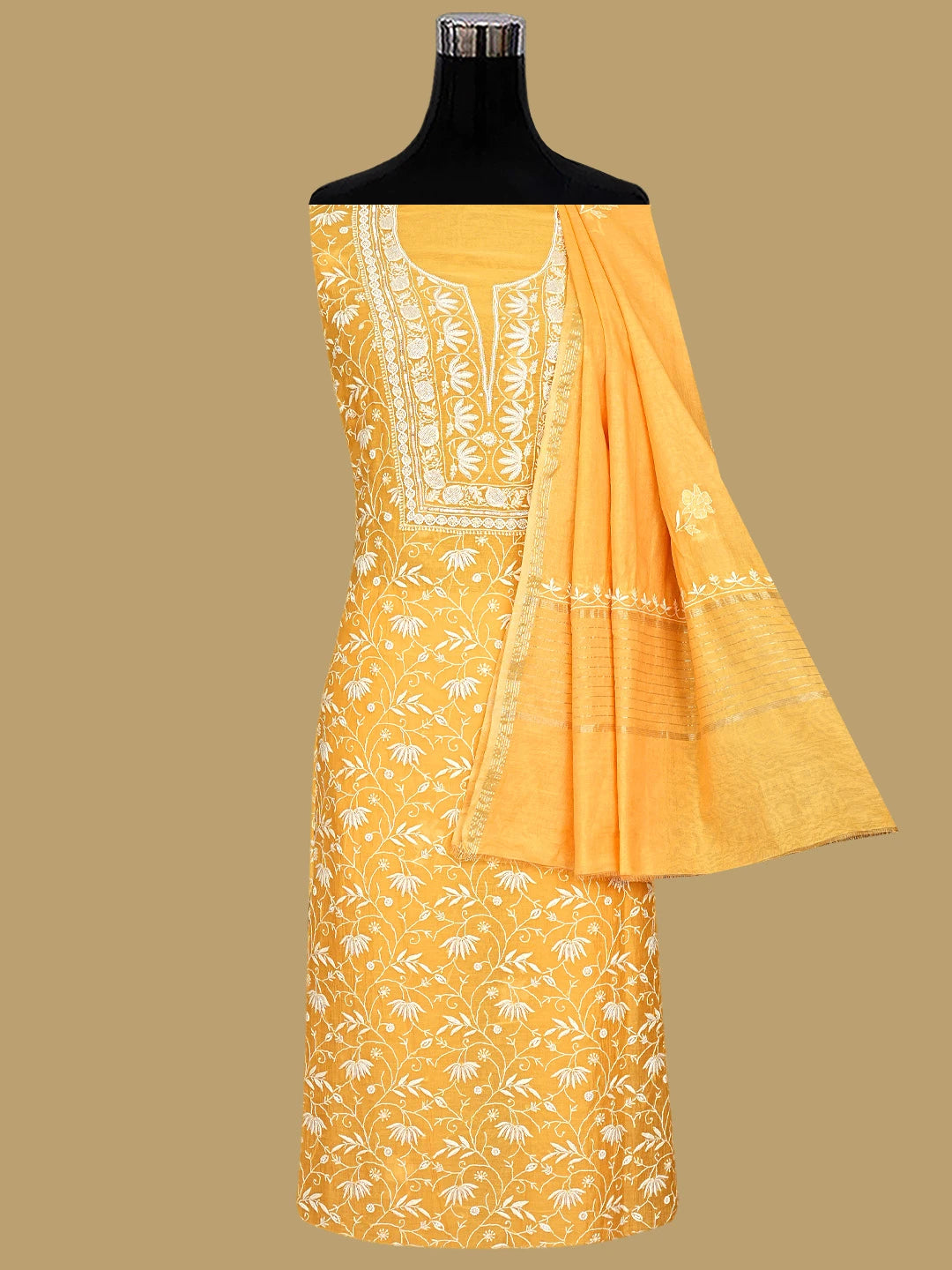 Ada Hand Embroidered Orange Chanderi Lucknowi Chikankari Unstitched Kurta Dupatta Set With Sequinned Work 01A922092
