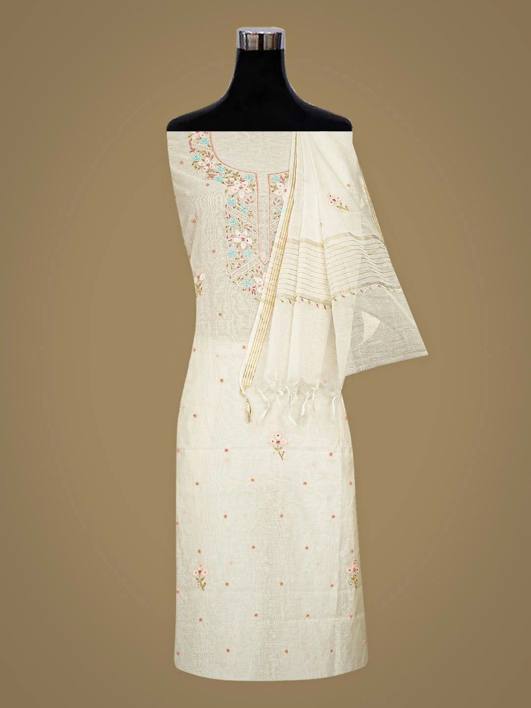 Ada Hand Embroidered White Chanderi Lucknowi Chikankari Unstitched Kurta Dupatta Set With Pearl Work 01A913333