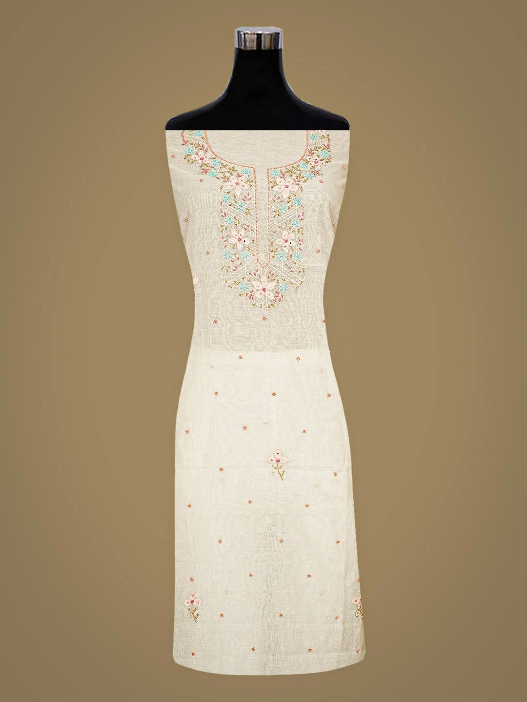 Ada Hand Embroidered White Chanderi Lucknowi Chikankari Unstitched Kurta Dupatta Set With Pearl Work 01A913333