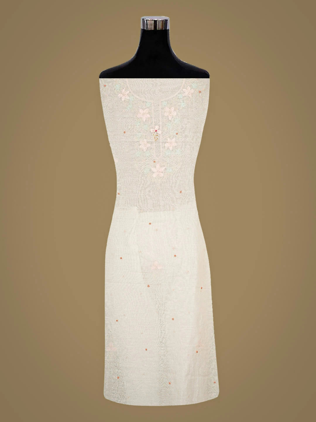Ada Hand Embroidered White Chanderi Lucknowi Chikankari Unstitched Kurta Dupatta Set With Pearl Work 01A913333