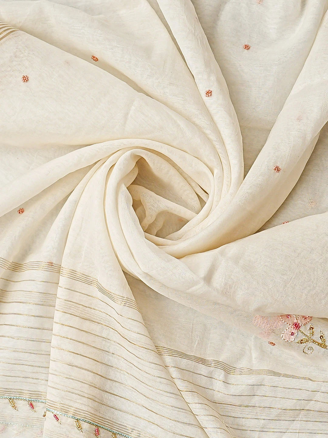 Ada Hand Embroidered White Chanderi Lucknowi Chikankari Unstitched Kurta Dupatta Set With Pearl Work 01A913333