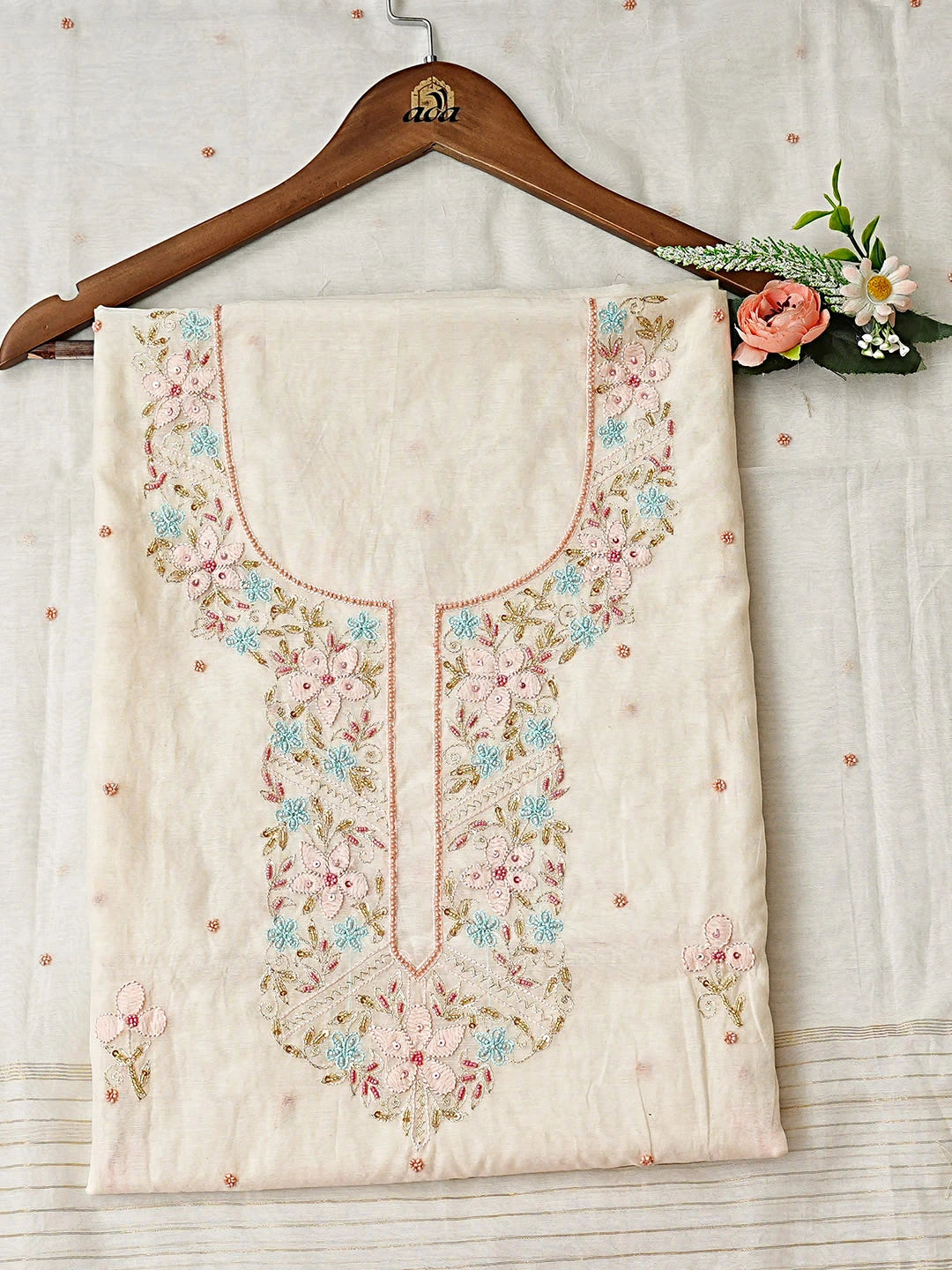 Ada Hand Embroidered White Chanderi Lucknowi Chikankari Unstitched Kurta Dupatta Set With Pearl Work 01A913333