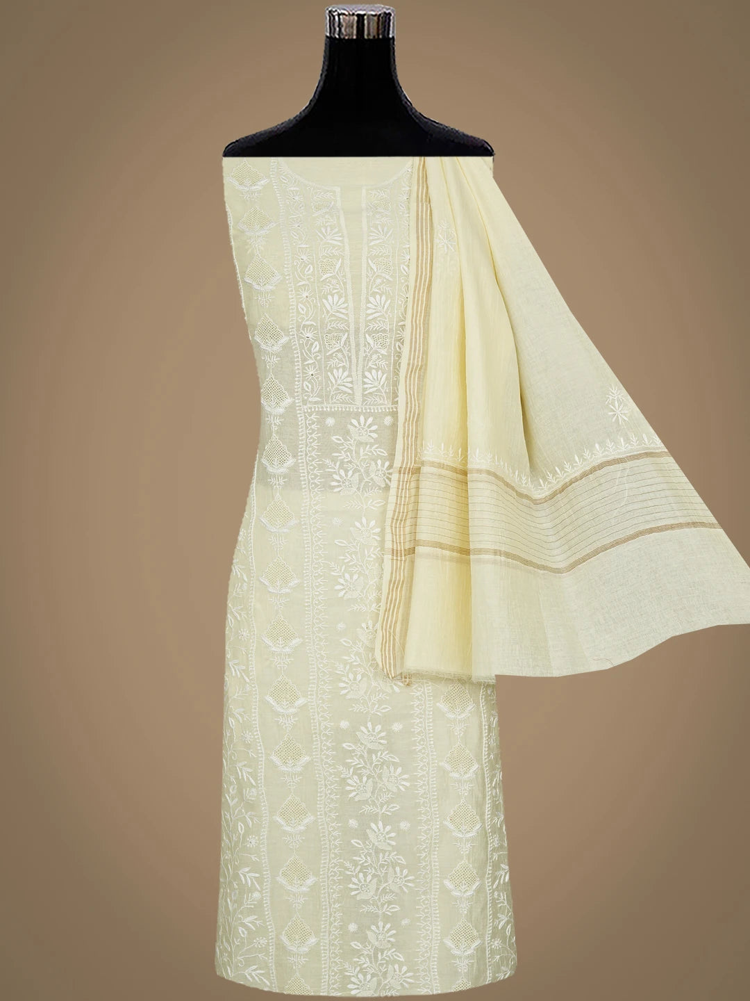 Ada Hand Embroidered Lemon Chanderi Lucknowi Chikankari Unstitched Kurta Dupatta Set 01A936216