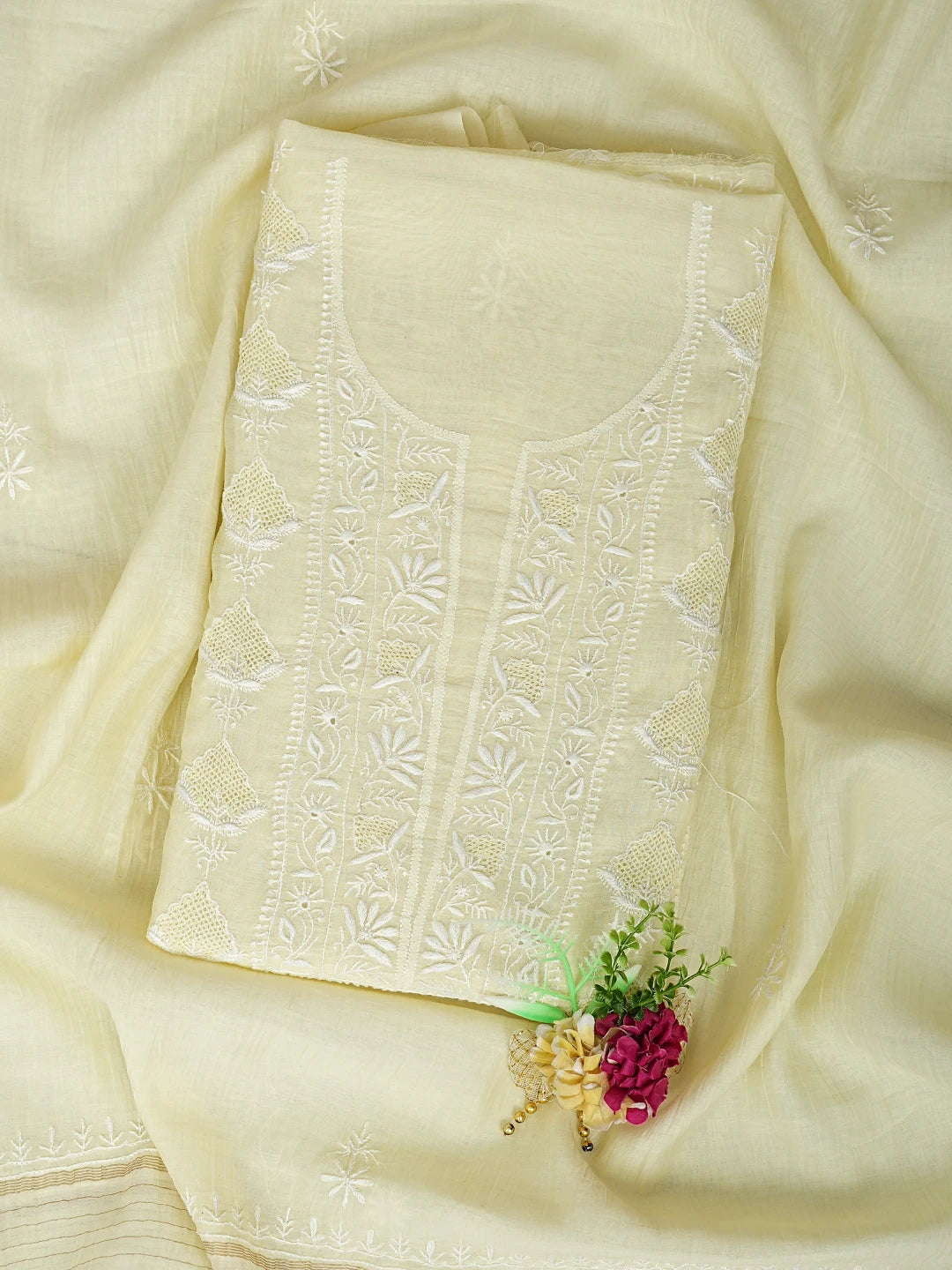 Ada Hand Embroidered Lemon Chanderi Lucknowi Chikankari Unstitched Kurta Dupatta Set 01A936216