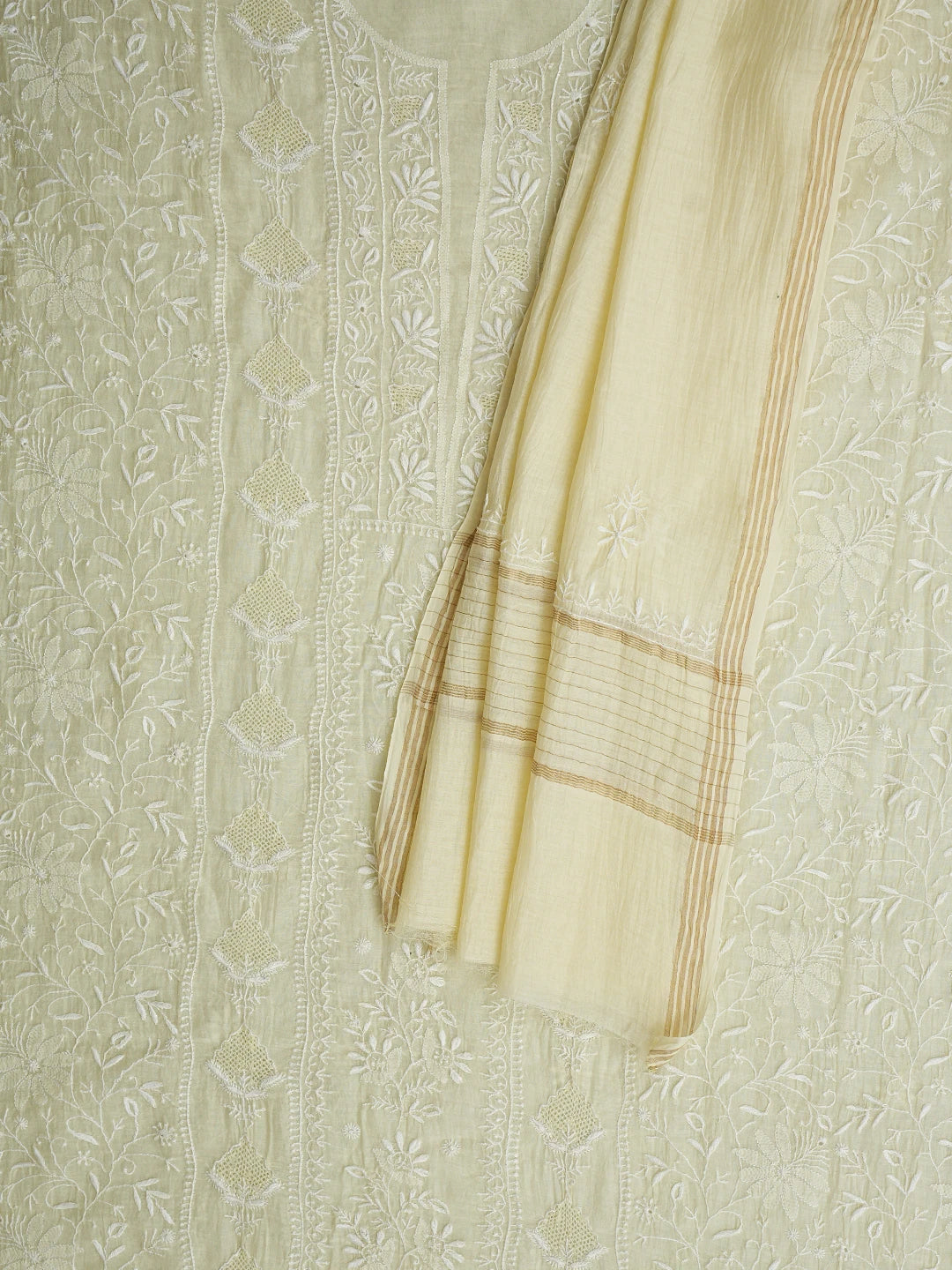 Ada Hand Embroidered Lemon Chanderi Lucknowi Chikankari Unstitched Kurta Dupatta Set 01A936216