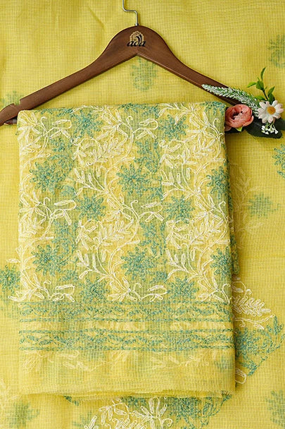Ada Hand Embroidered Yellow Kota Lucknowi Chikankari Unstitched Kurta Dupatta Set 01A870330