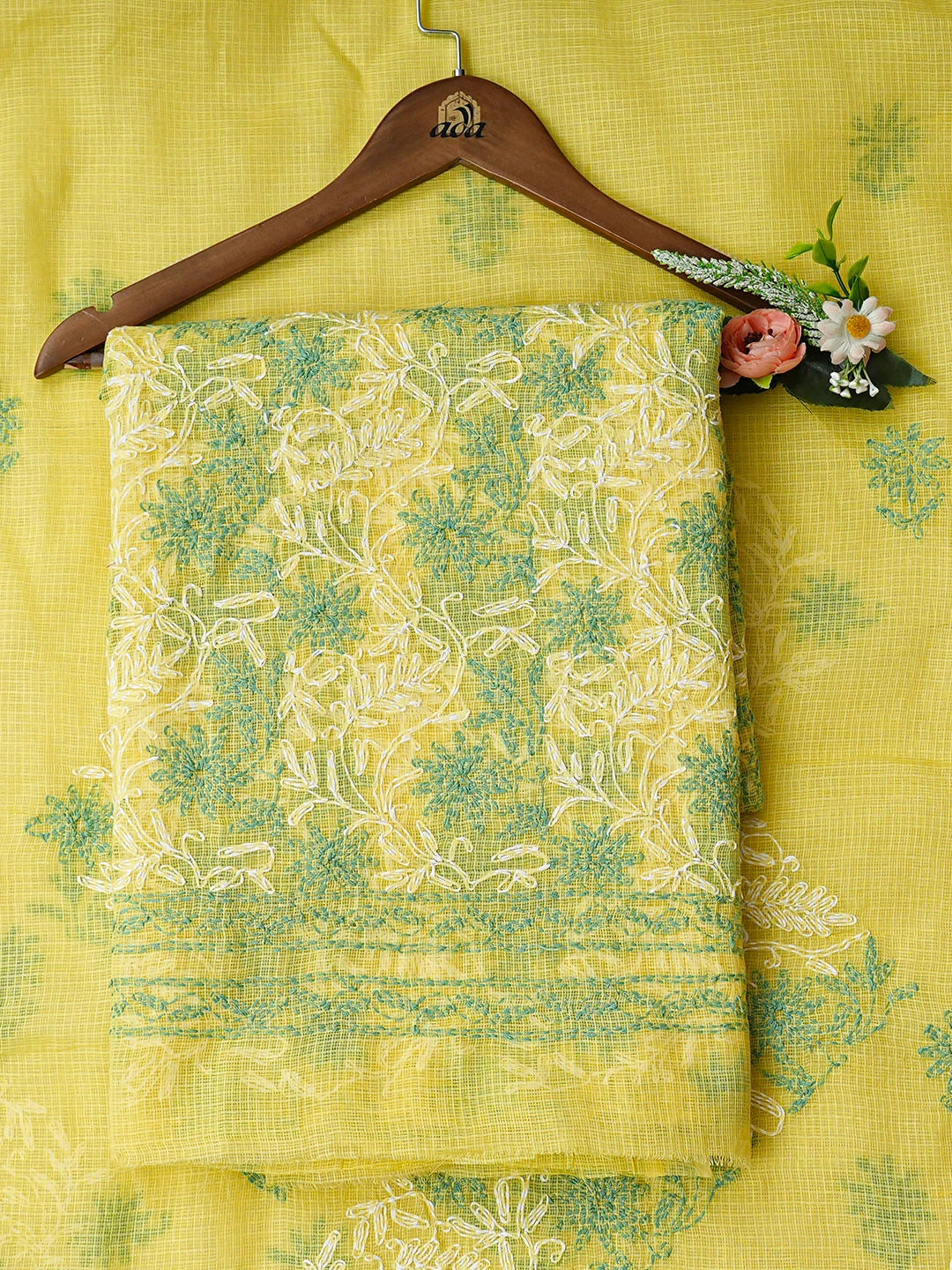 Ada Hand Embroidered Yellow Kota Lucknowi Chikankari Unstitched Kurta Dupatta Set 01A870330
