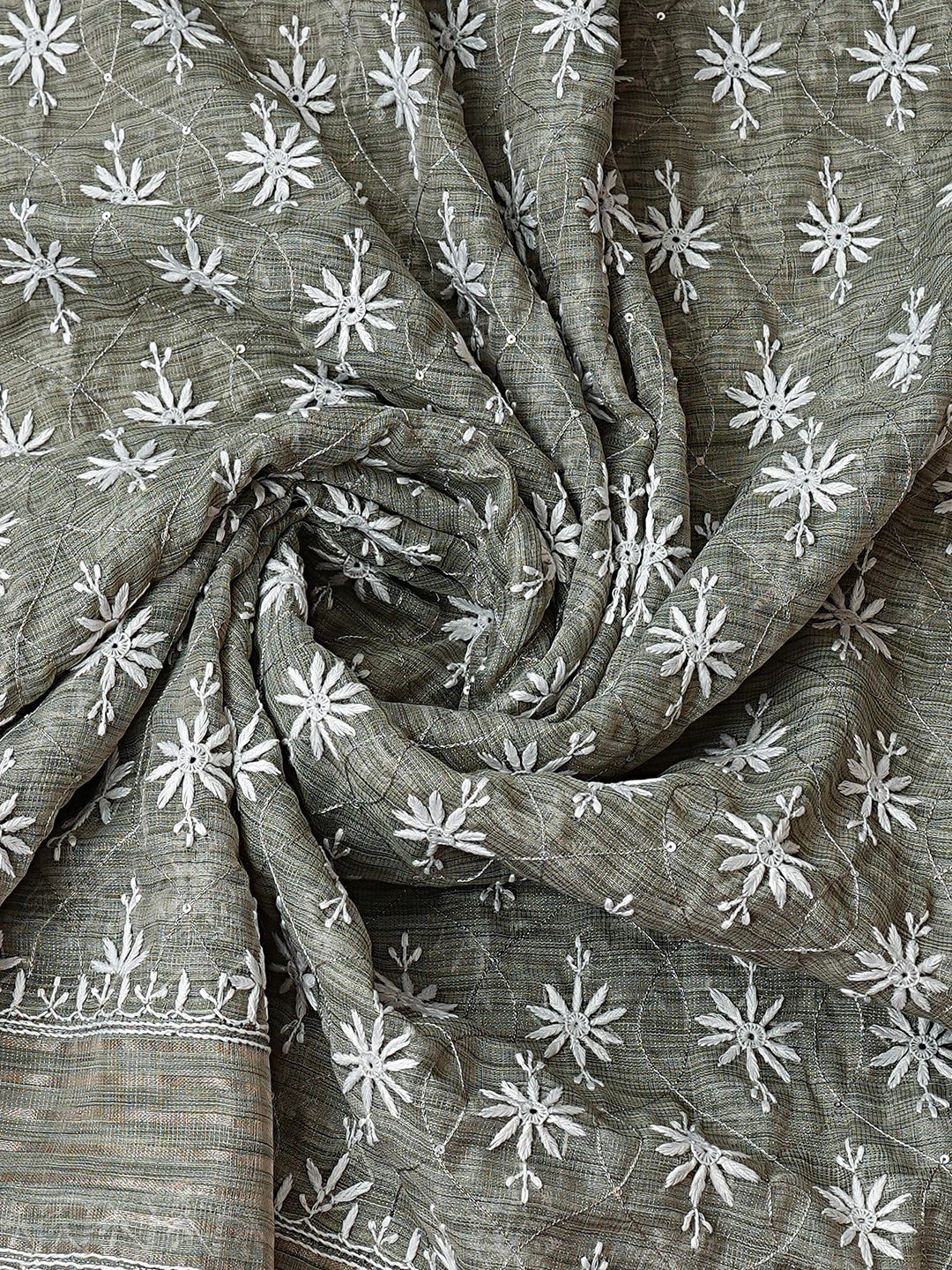 Ada Hand Embroidered Grey Tissue Lucknowi Chikankari Semi-Stitched Kurta Dupatta Set With Cutdana Work 01A937467