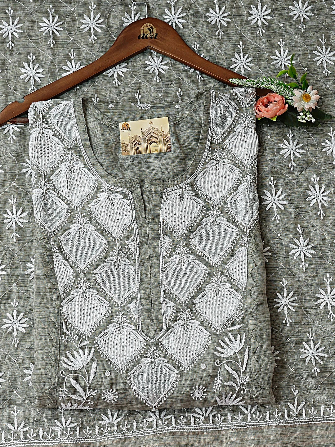 Ada Hand Embroidered Grey Tissue Lucknowi Chikankari Semi-Stitched Kurta Dupatta Set With Cutdana Work 01A937467