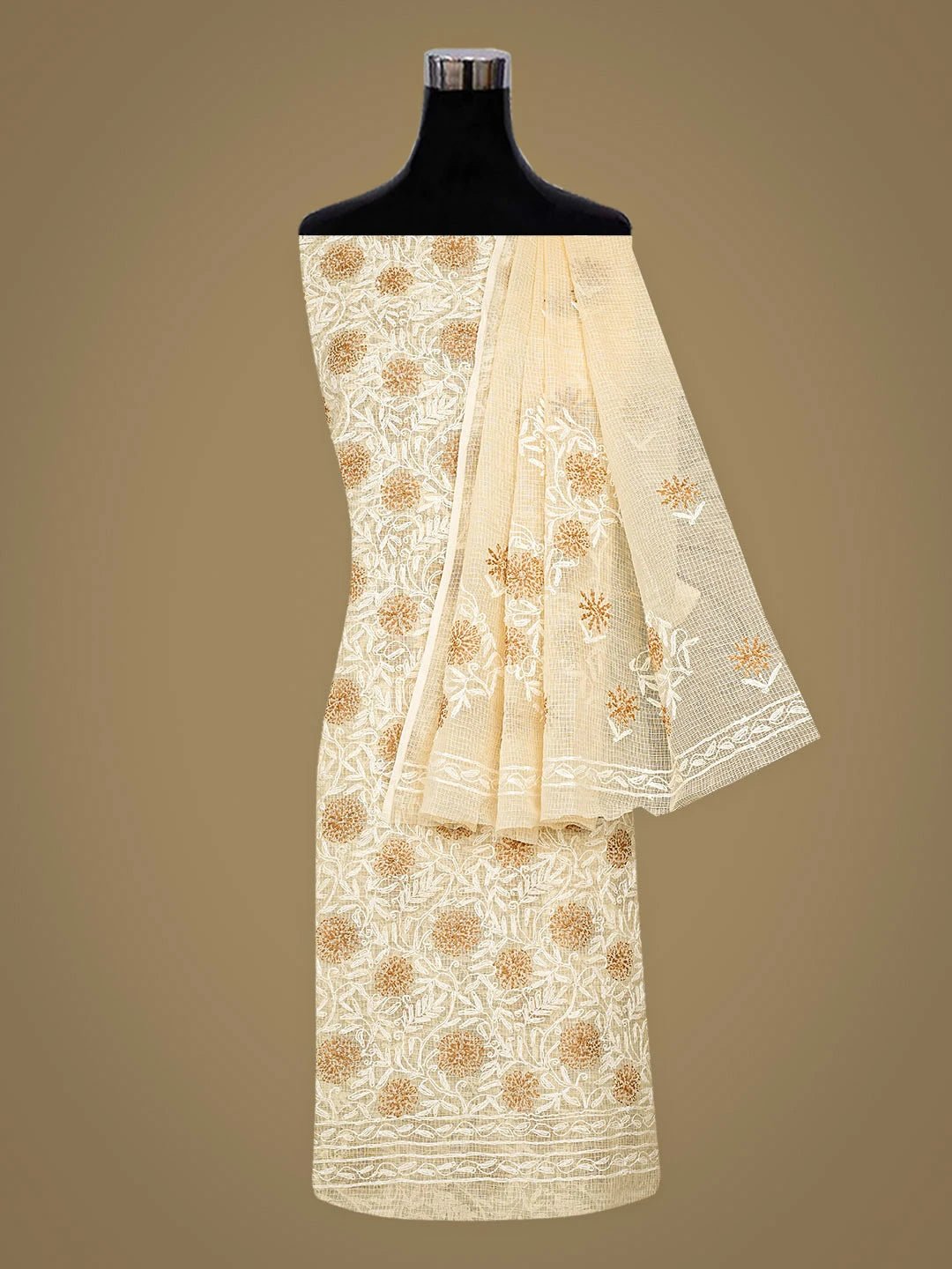 Ada Hand Embroidered Fawn Kota Lucknowi Chikankari Unstitched Kurta Dupatta Set 01A870345