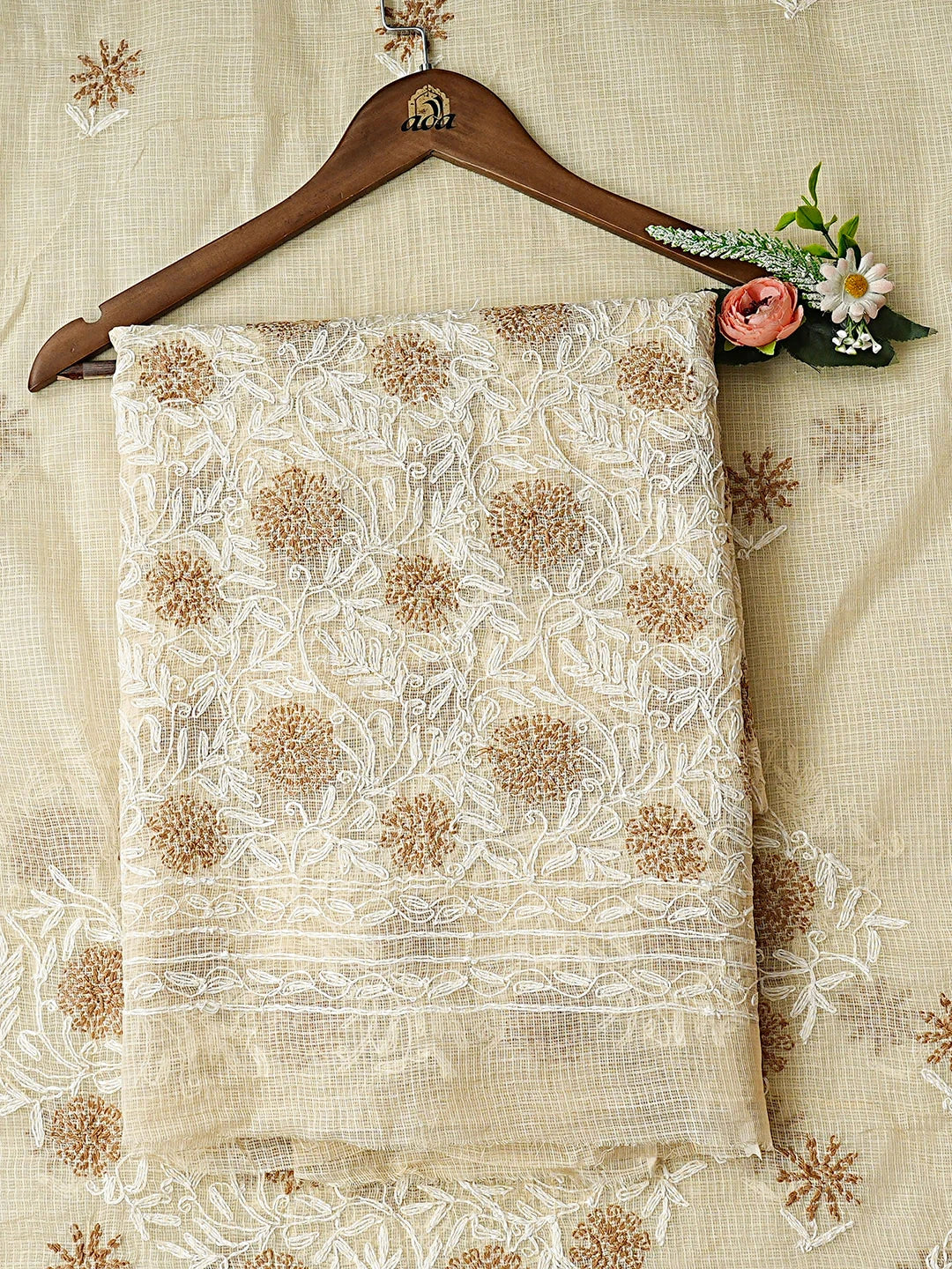 Ada Hand Embroidered Fawn Kota Lucknowi Chikankari Unstitched Kurta Dupatta Set 01A870345