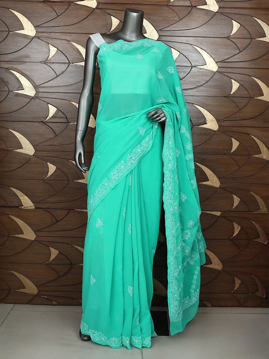 Ada Hand Embroidered Mint Leaf Green Georgette Lucknowi Chikankari Saree and Blouse 01A687050
