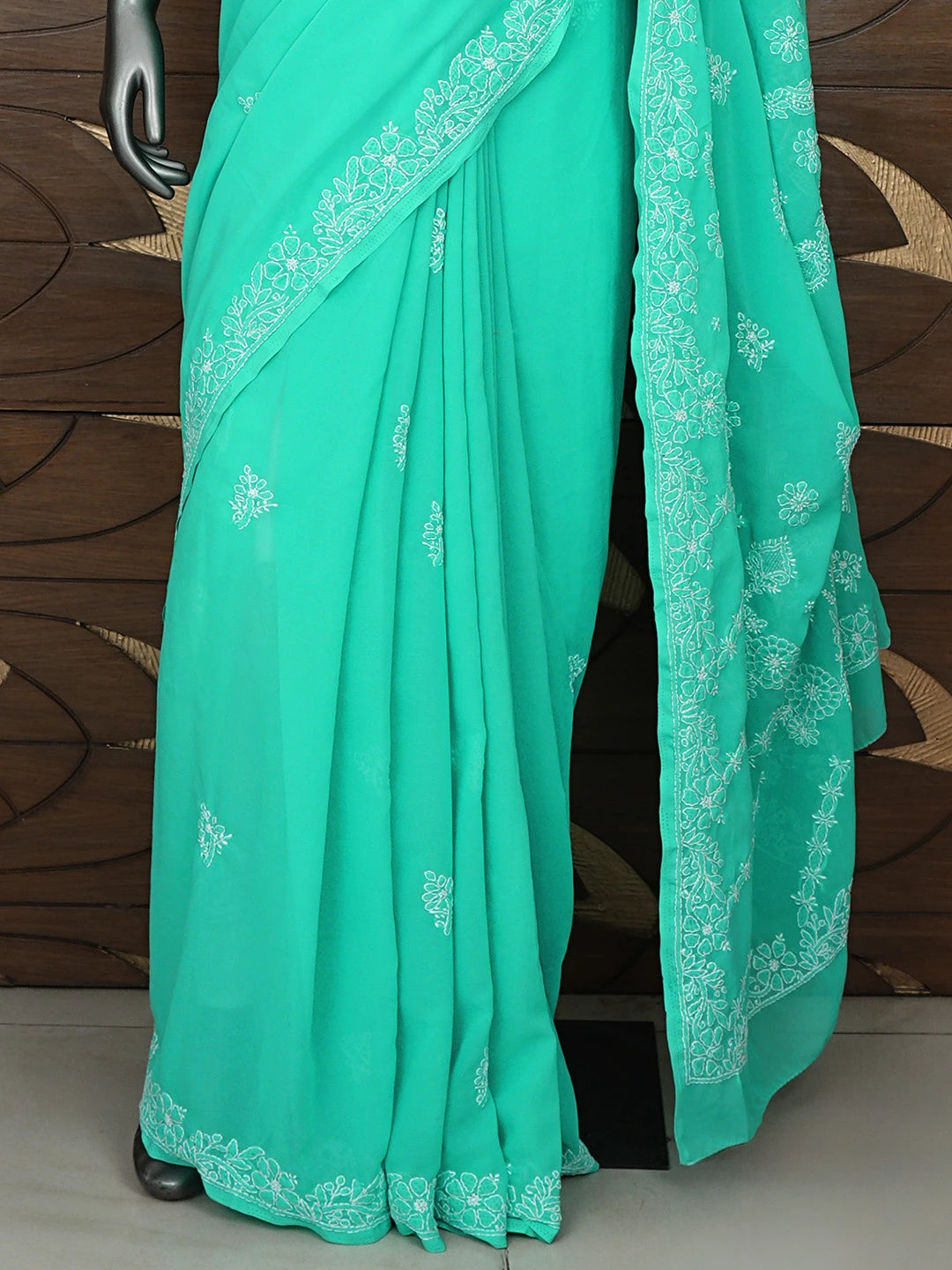 Ada Hand Embroidered Mint Leaf Green Georgette Lucknowi Chikankari Saree and Blouse 01A687050