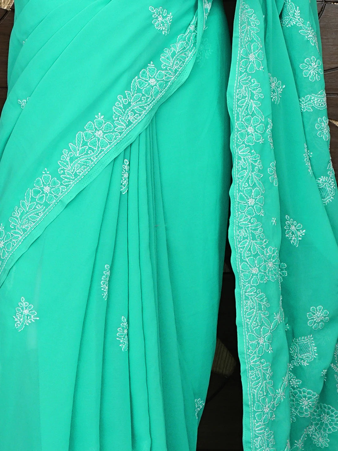 Ada Hand Embroidered Mint Leaf Green Georgette Lucknowi Chikankari Saree and Blouse 01A687050