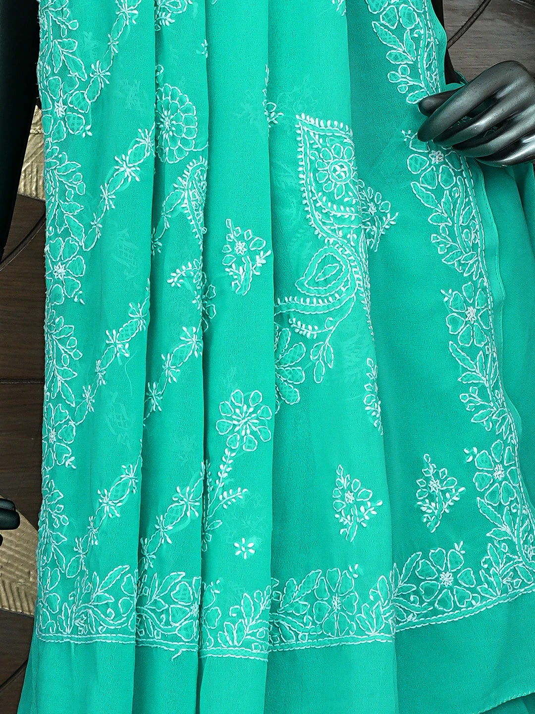 Ada Hand Embroidered Mint Leaf Green Georgette Lucknowi Chikankari Saree and Blouse 01A687050