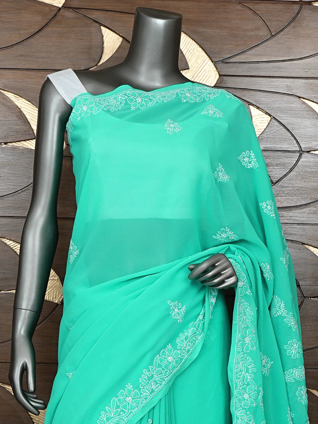Ada Hand Embroidered Mint Leaf Green Georgette Lucknowi Chikankari Saree and Blouse 01A687050