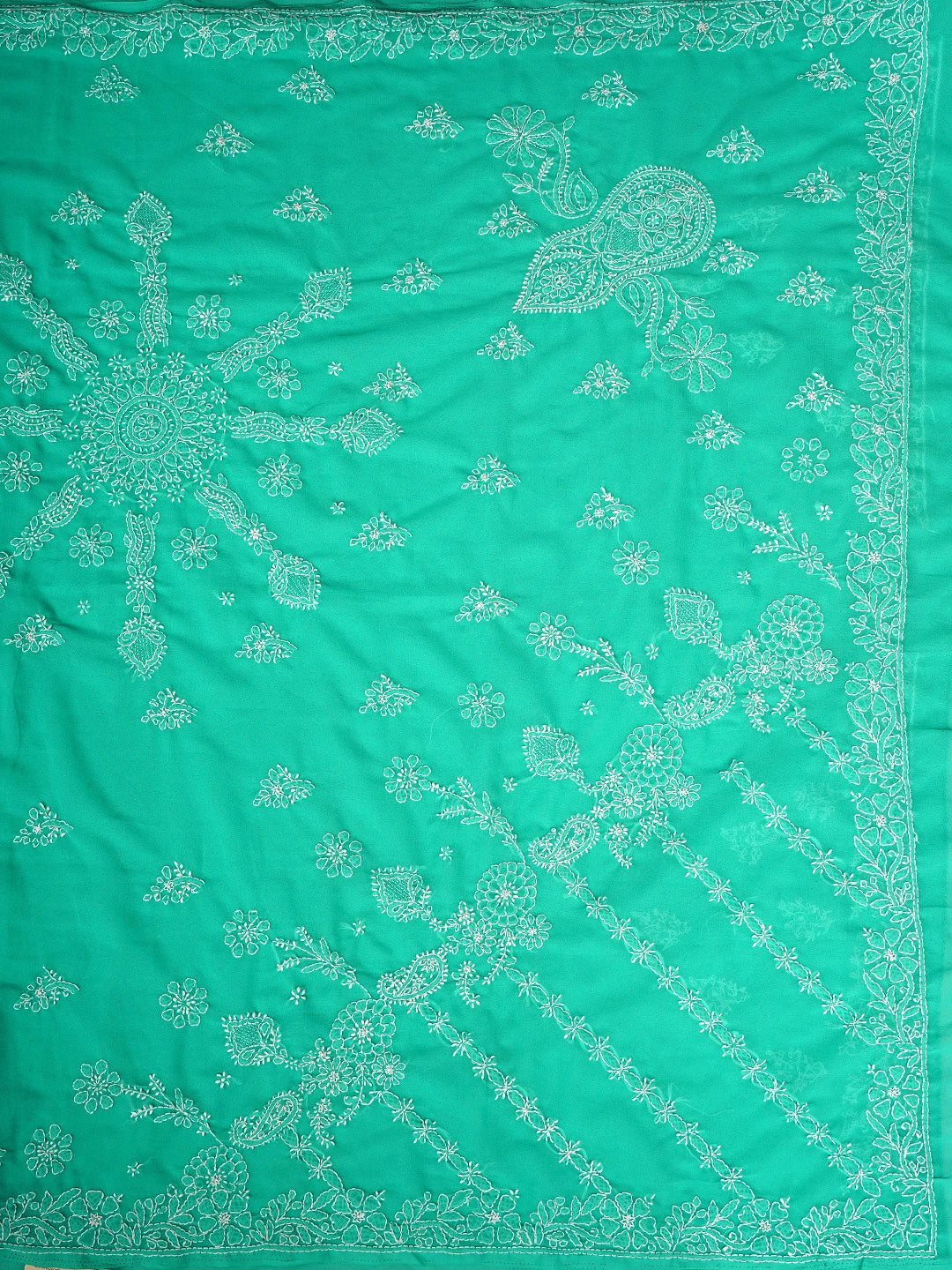 Ada Hand Embroidered Mint Leaf Green Georgette Lucknowi Chikankari Saree and Blouse 01A687050