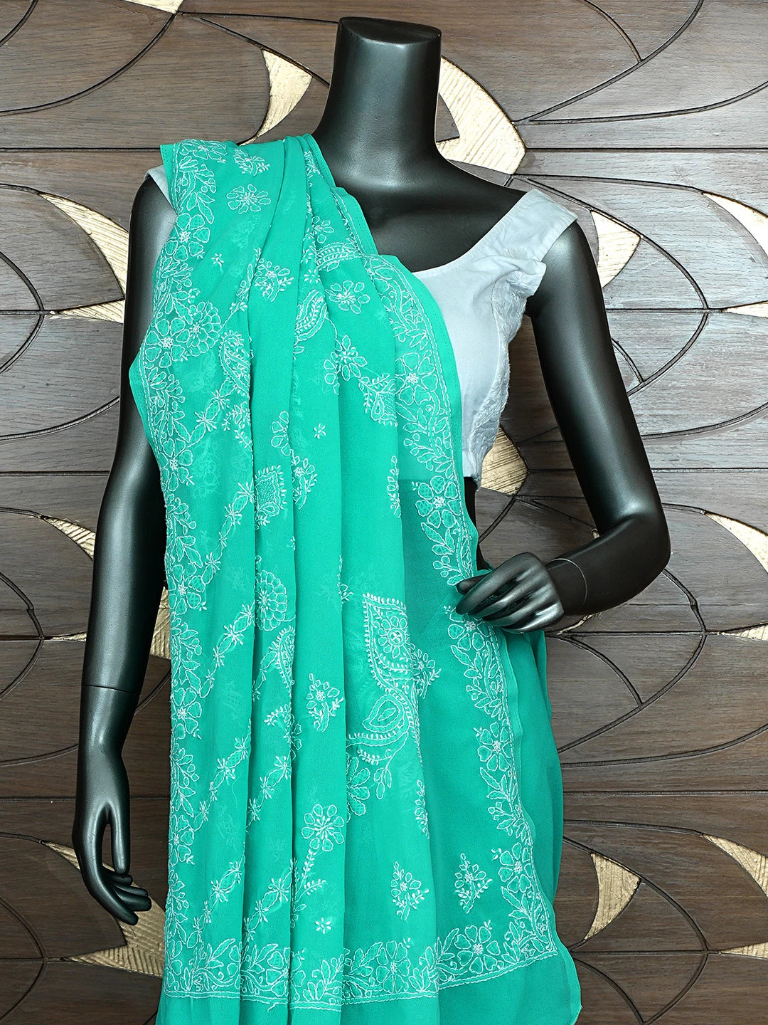 Ada Hand Embroidered Mint Leaf Green Georgette Lucknowi Chikankari Saree and Blouse 01A687050