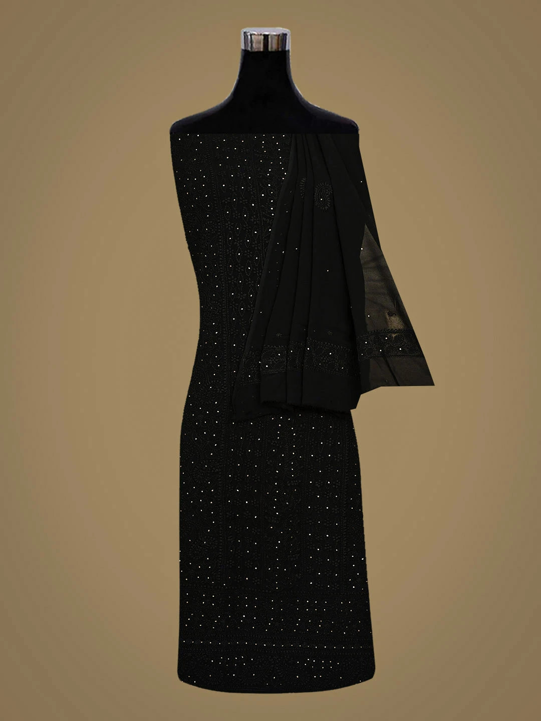 Ada Hand Embroidered Black Viscose Georgette Unstitched Kurta Dupatta Set With Muqaish/Mukaish Work 01A801900