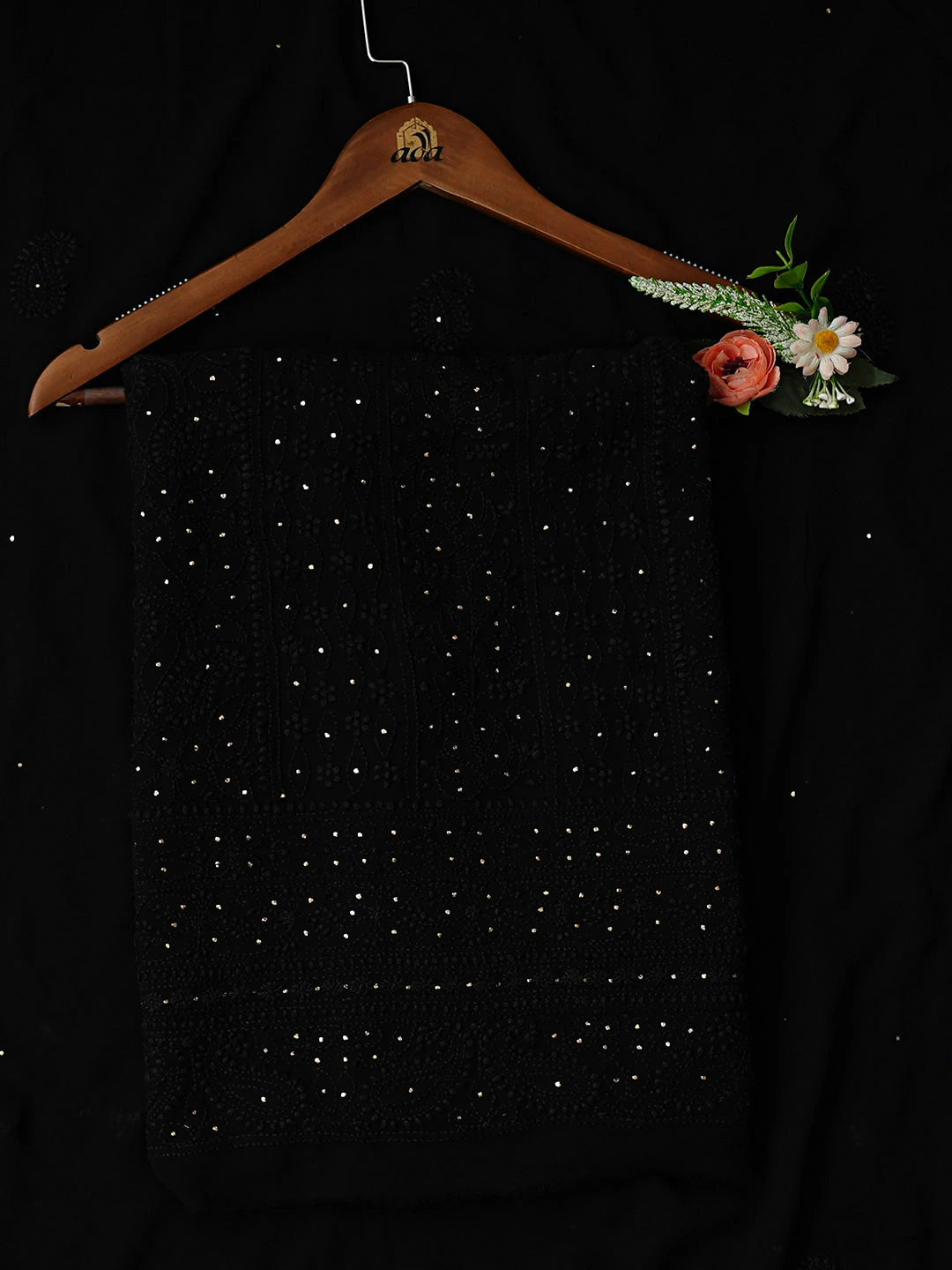 Ada Hand Embroidered Black Viscose Georgette Unstitched Kurta Dupatta Set With Muqaish/Mukaish Work 01A801900