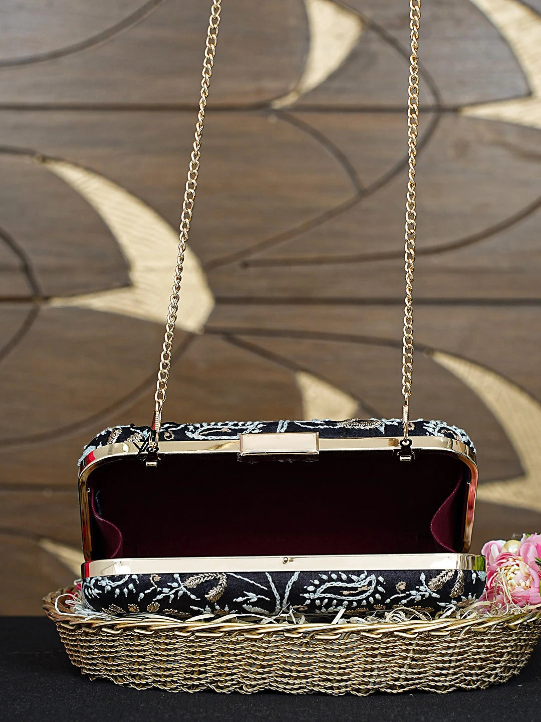Ada Hand Embroidered Black Silk Lucknowi Chikankari Clutch With Zari Work 01A933539