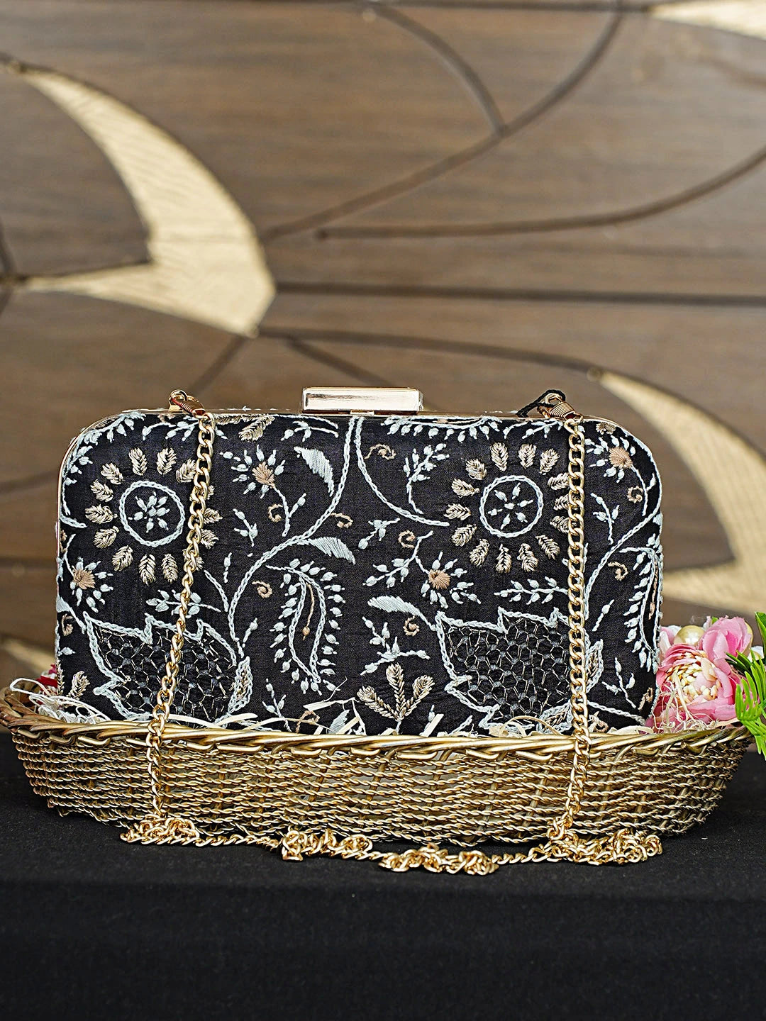 Ada Hand Embroidered Black Silk Lucknowi Chikankari Clutch With Zari Work 01A933539
