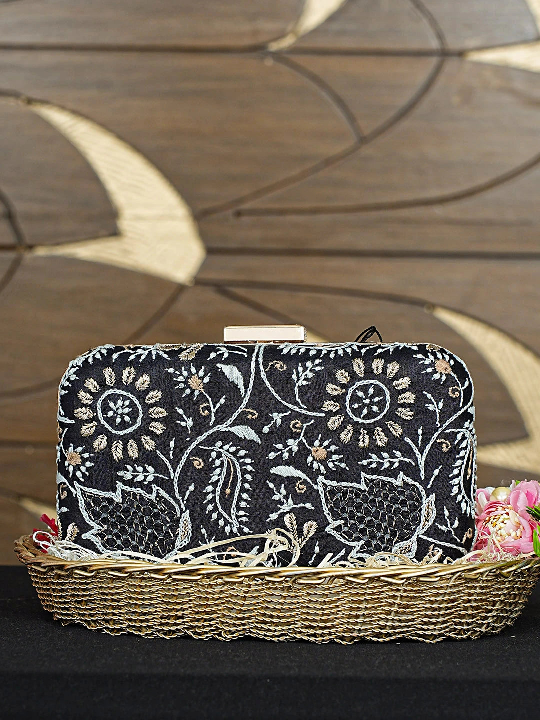 Ada Hand Embroidered Black Silk Lucknowi Chikankari Clutch With Zari Work 01A933539