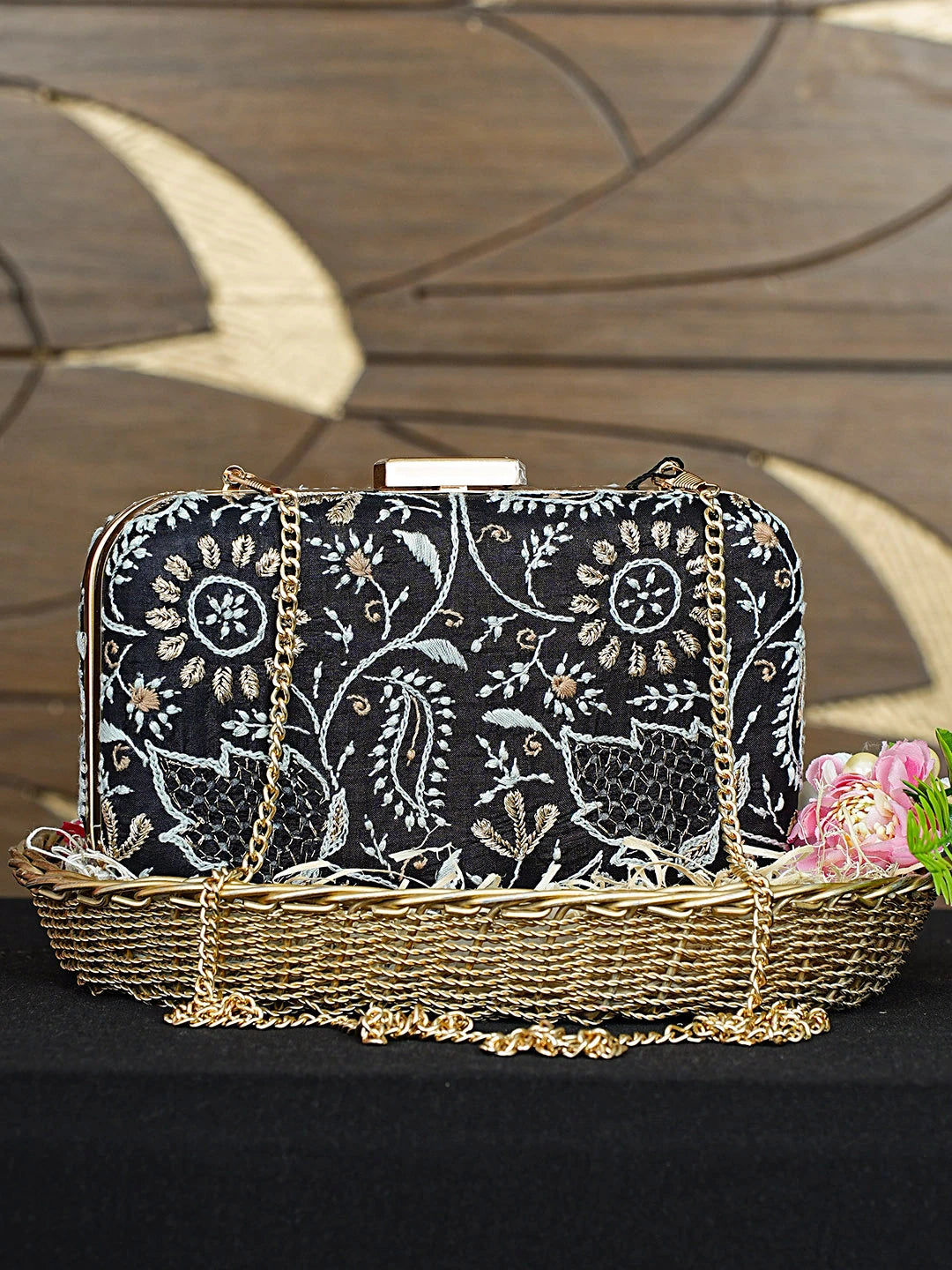 Ada Hand Embroidered Black Silk Lucknowi Chikankari Clutch With Zari Work 01A933539