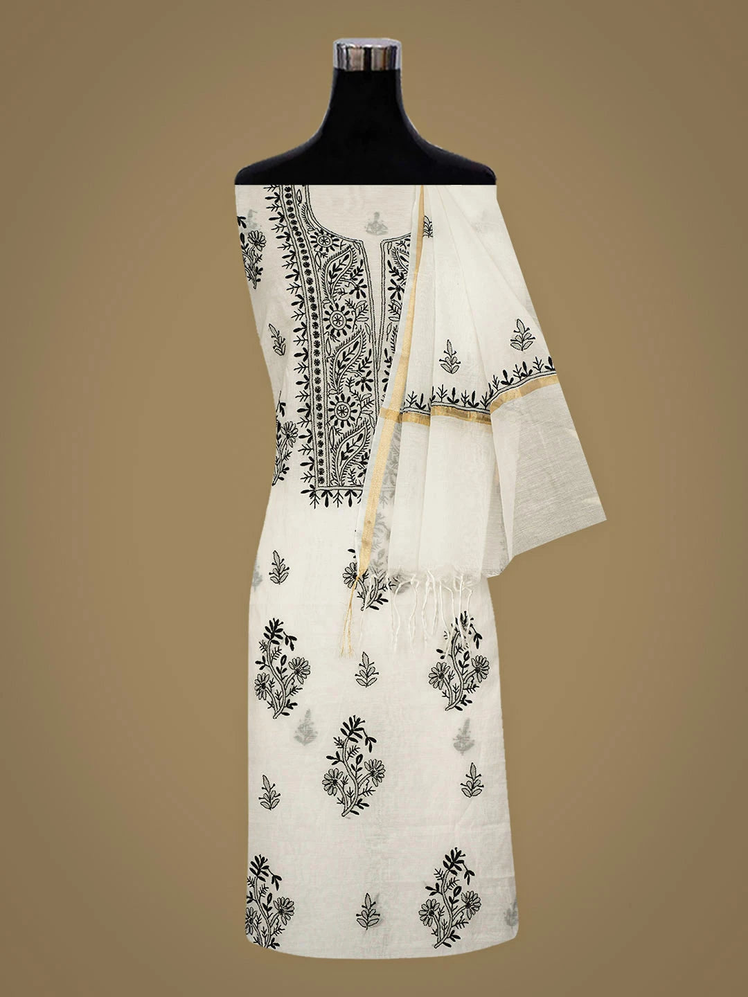 Ada Hand Embroidered White Chanderi Lucknowi Chikankari Unstitched Kurta Dupatta Set 01A936386